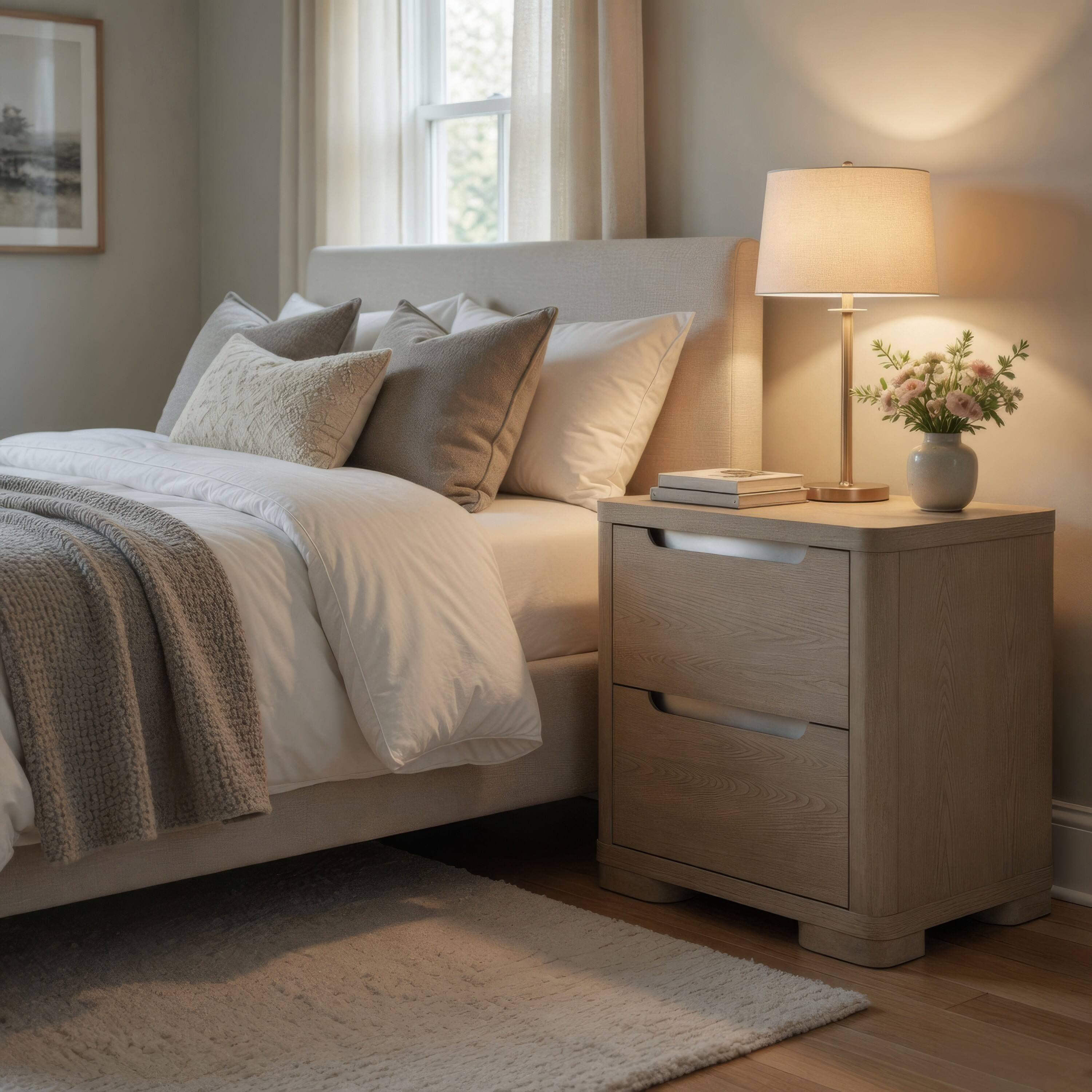 Alt View 7. Manhattan Lane - Saina Nightstand with 2 Drawers, Block Feet, Light Elm Wood 27 Inch - Light Elm Brown.
