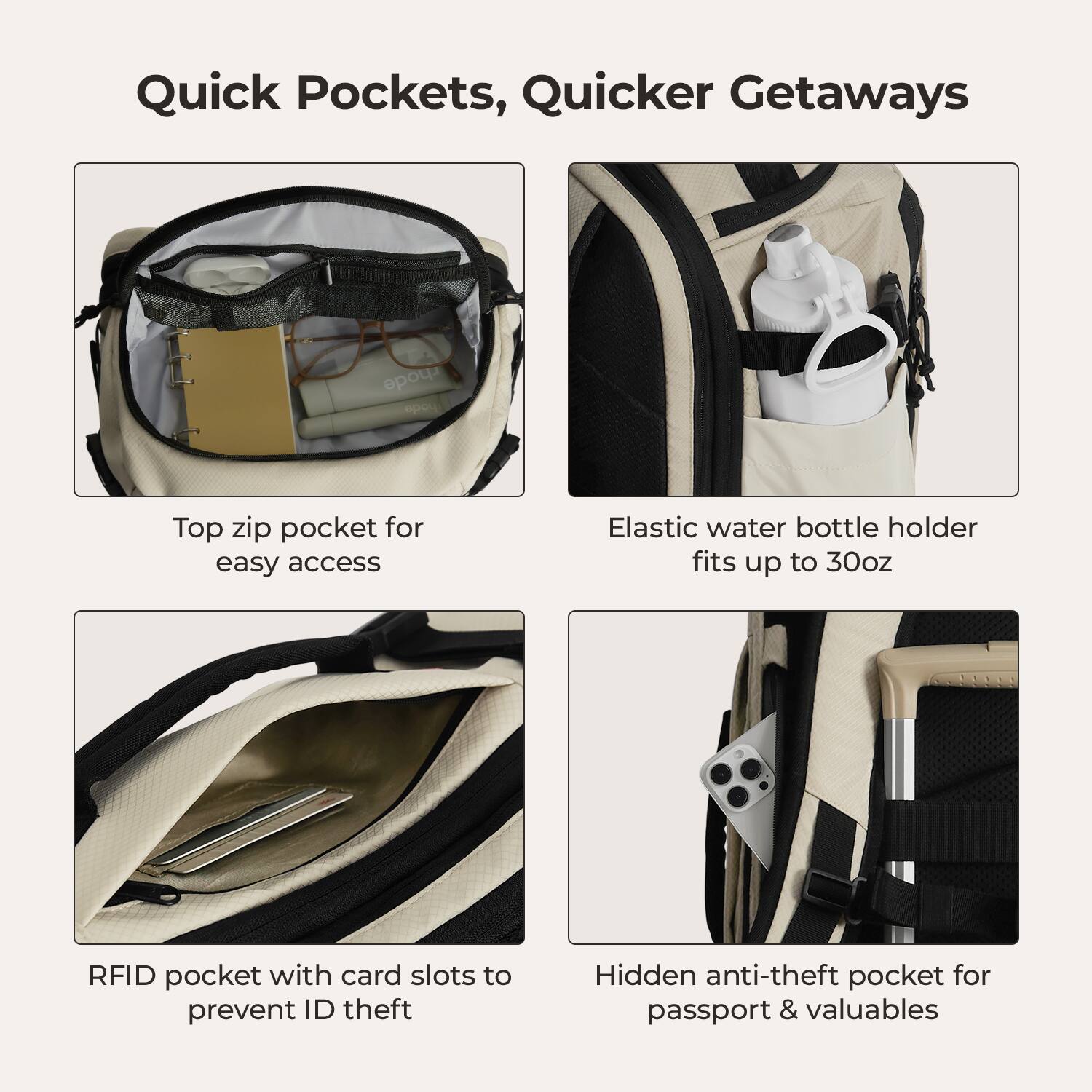 Quick Pockets, Quicker Getaways

- Top zip pocket for easy access
- Elastic water bottle holder fits up to 30oz
- RFID pocket with card slots to prevent ID theft
- Hidden anti-theft pocket for passport & valuables