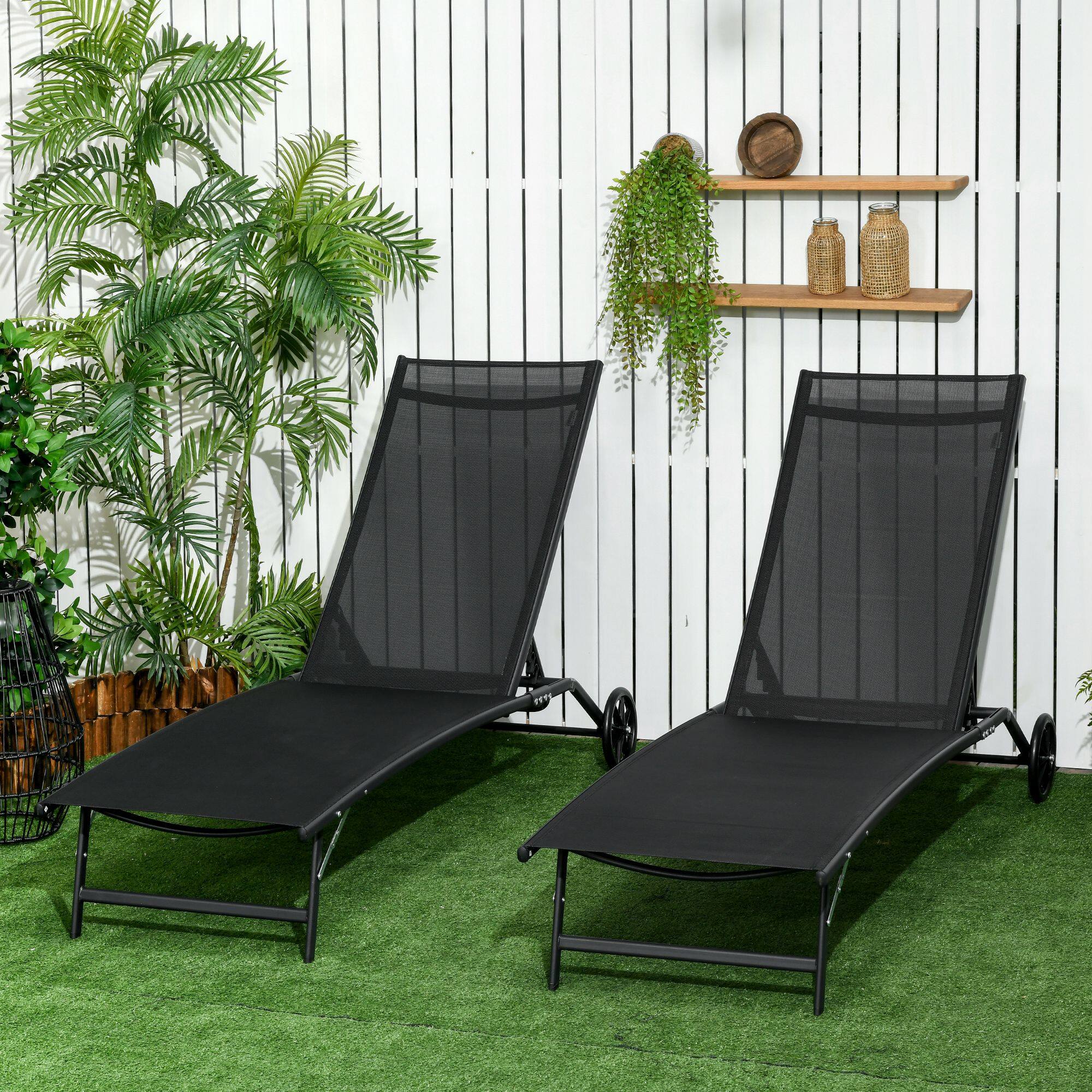 Alt View 1. Outsunny - Chaise Lounge Outdoor, 2 Piece Lounge Chair with Wheels, Tanning Chair with 5 Adjustable Positions for Patio, Beach - Black.