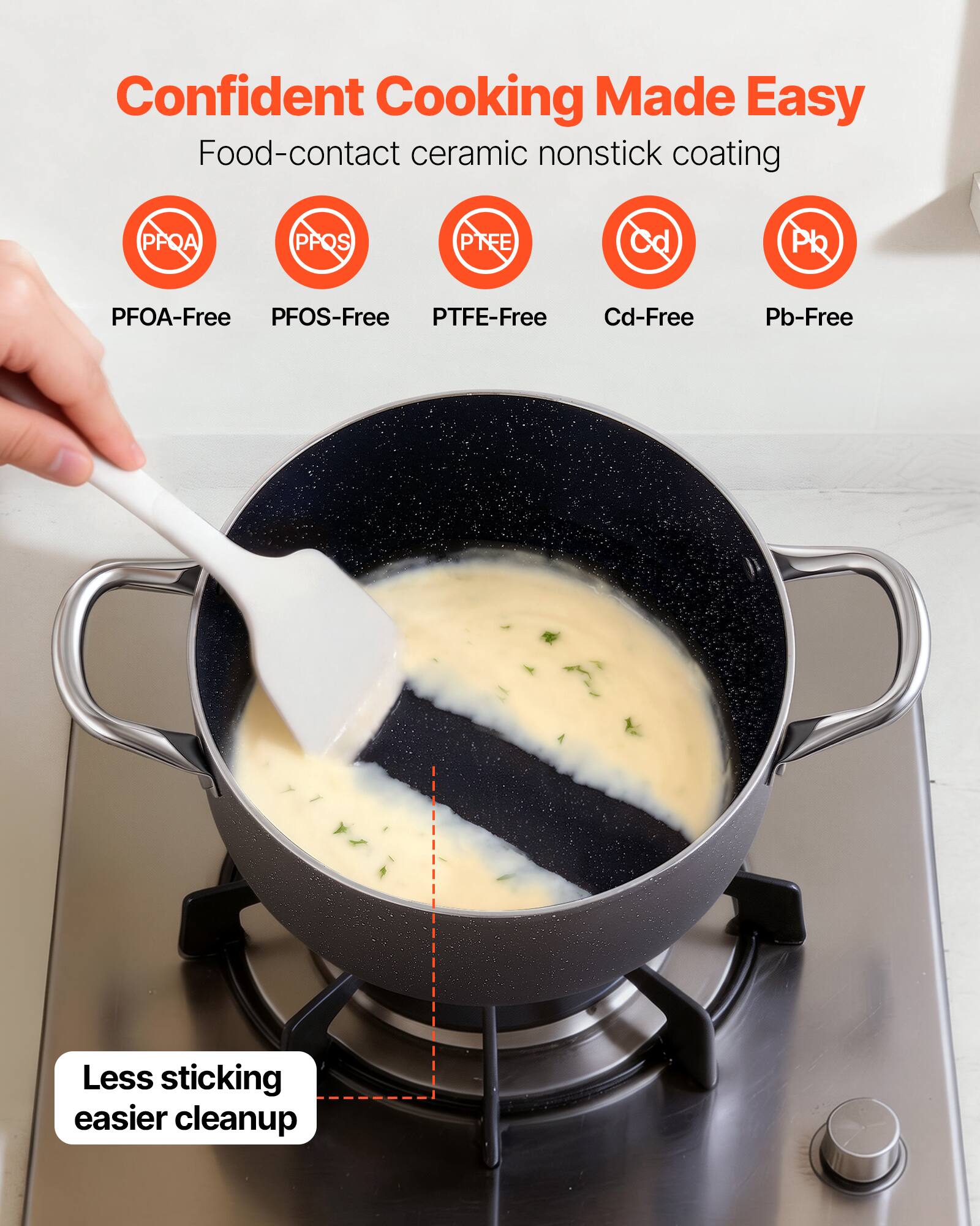 Confident Cooking Made Easy  
Food-contact ceramic nonstick coating  
PPQA PPQS PTFE Cd PQ  
PFOA-Free PFOS-Free PTFE-Free Cd-Free Pb-Free  
Less sticking easier cleanup