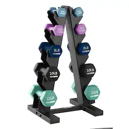 HolaHatha - 3, 5, 8, 10 & 12 Pound Neoprene Dumbbell Weight Set with Storage Rack - Multicolor