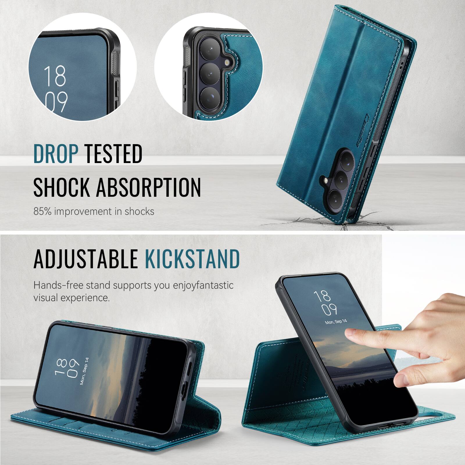 18:09 DROP TESTED SHOCK ABSORPTION  
85% improvement in shocks  

Casaia ADJUSTABLE KICKSTAND  
Hands-free stand supports you enjoy fantastic visual experience.  

18:09 Mon, Sep 14  
Mon Sep 16 14:18:09