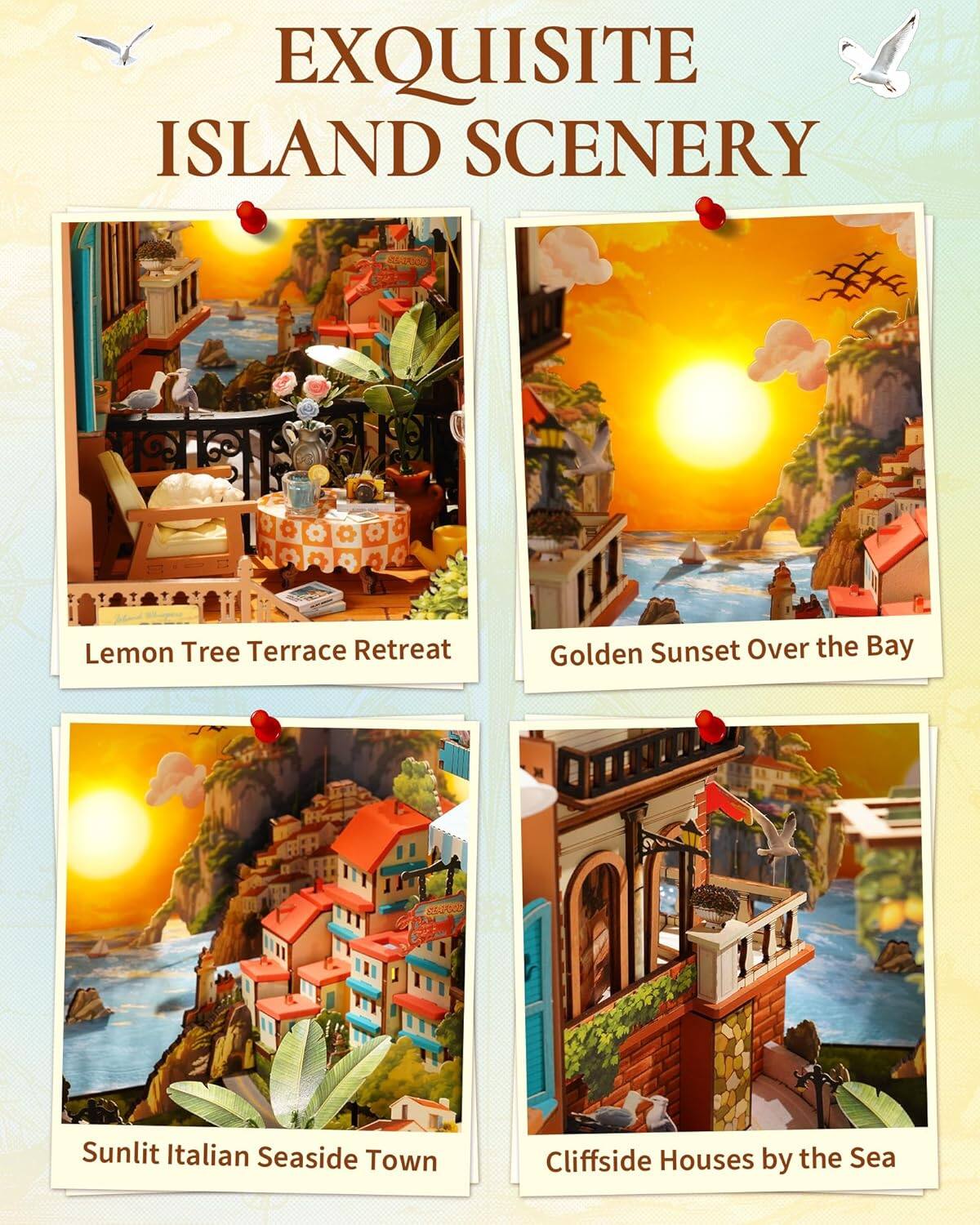 EXQUISITE ISLAND SCENERY

- Lemon Tree Terrace Retreat
- Golden Sunset Over the Bay
- Sunlit Italian Seaside Town
- Cliffsides Houses by the Sea