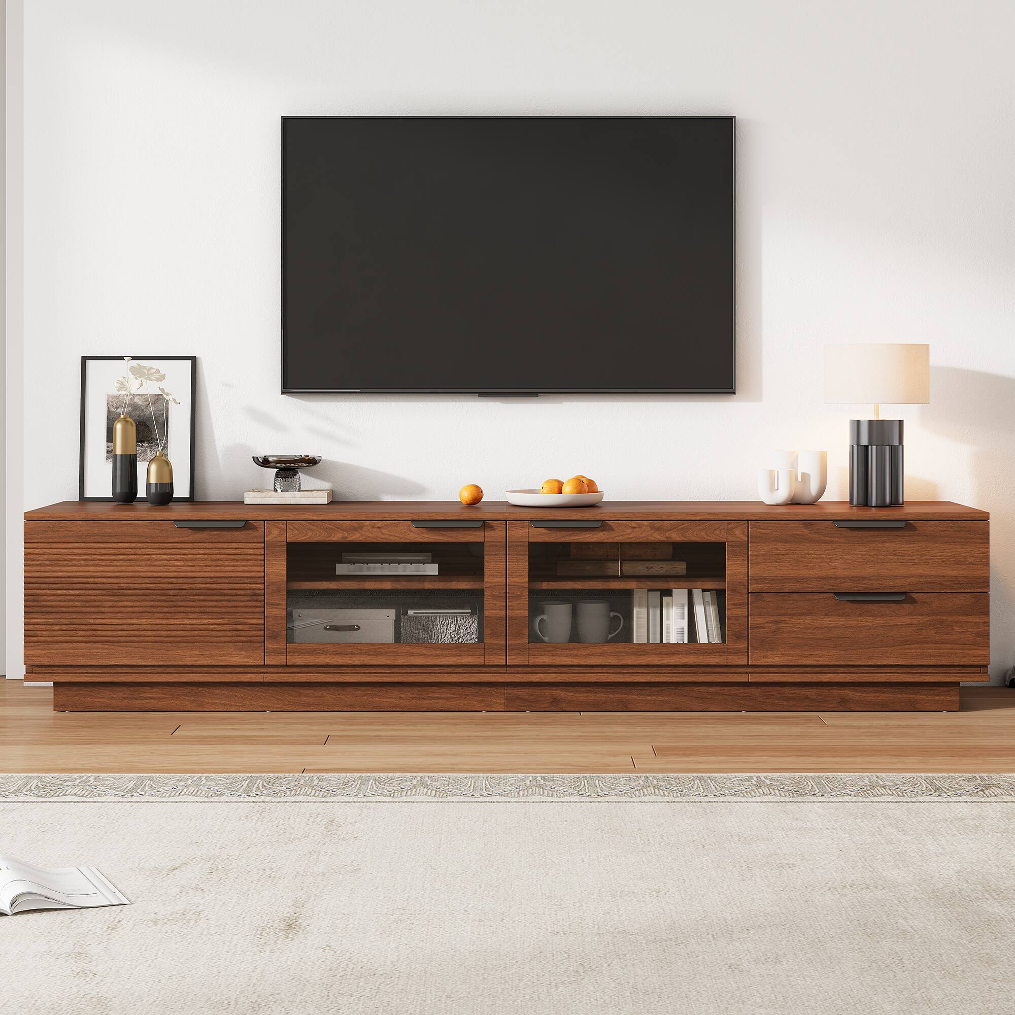 MERAVOM - Mid-Century Modern TV Stand for TVs Up to 85", Entertainment Center with Storage Cabinets and 2 Drawers for Living Room - Walnut