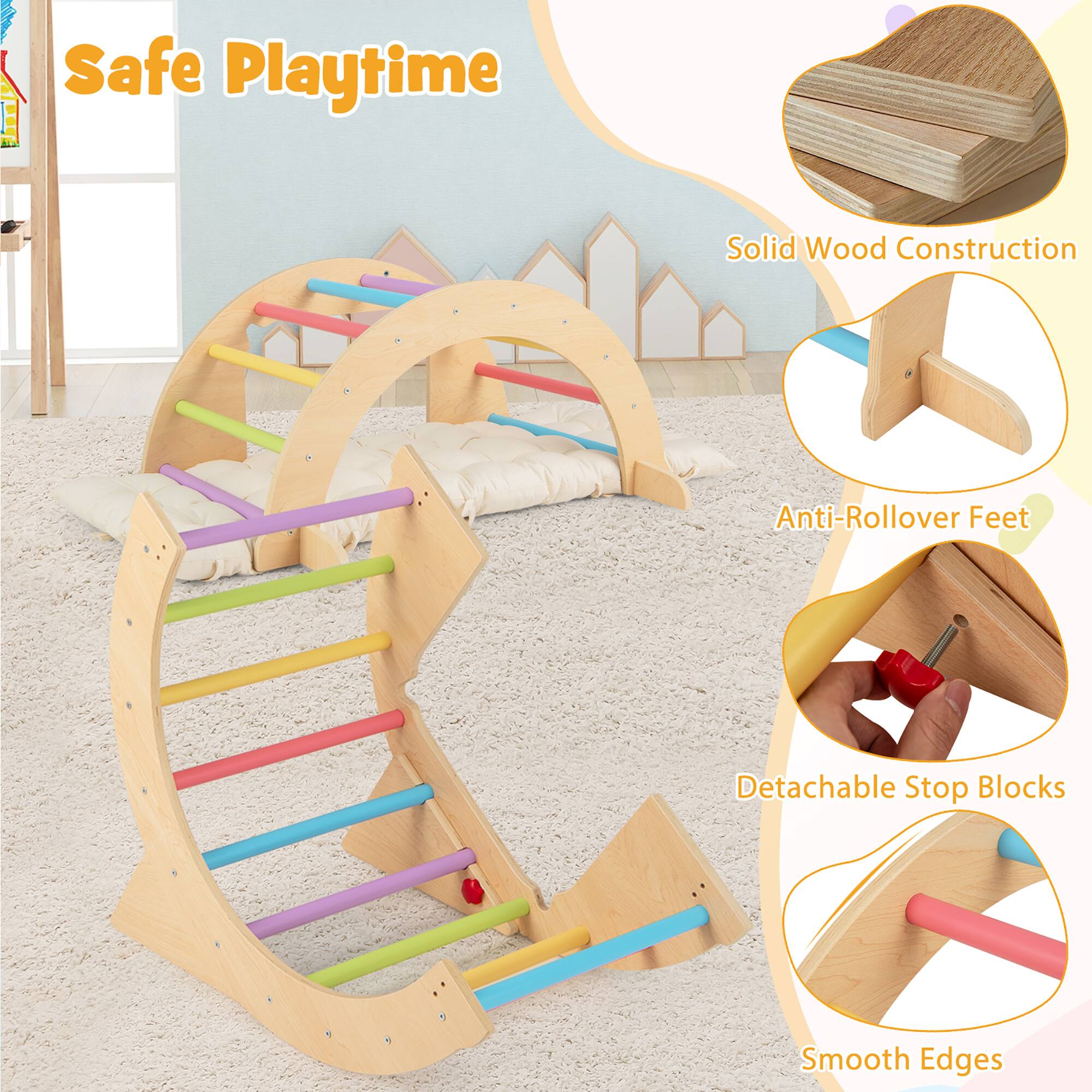 Safe Playtime

- Solid Wood Construction
- Anti-Rollover Feet
- Detachable Stop Blocks
- Smooth Edges