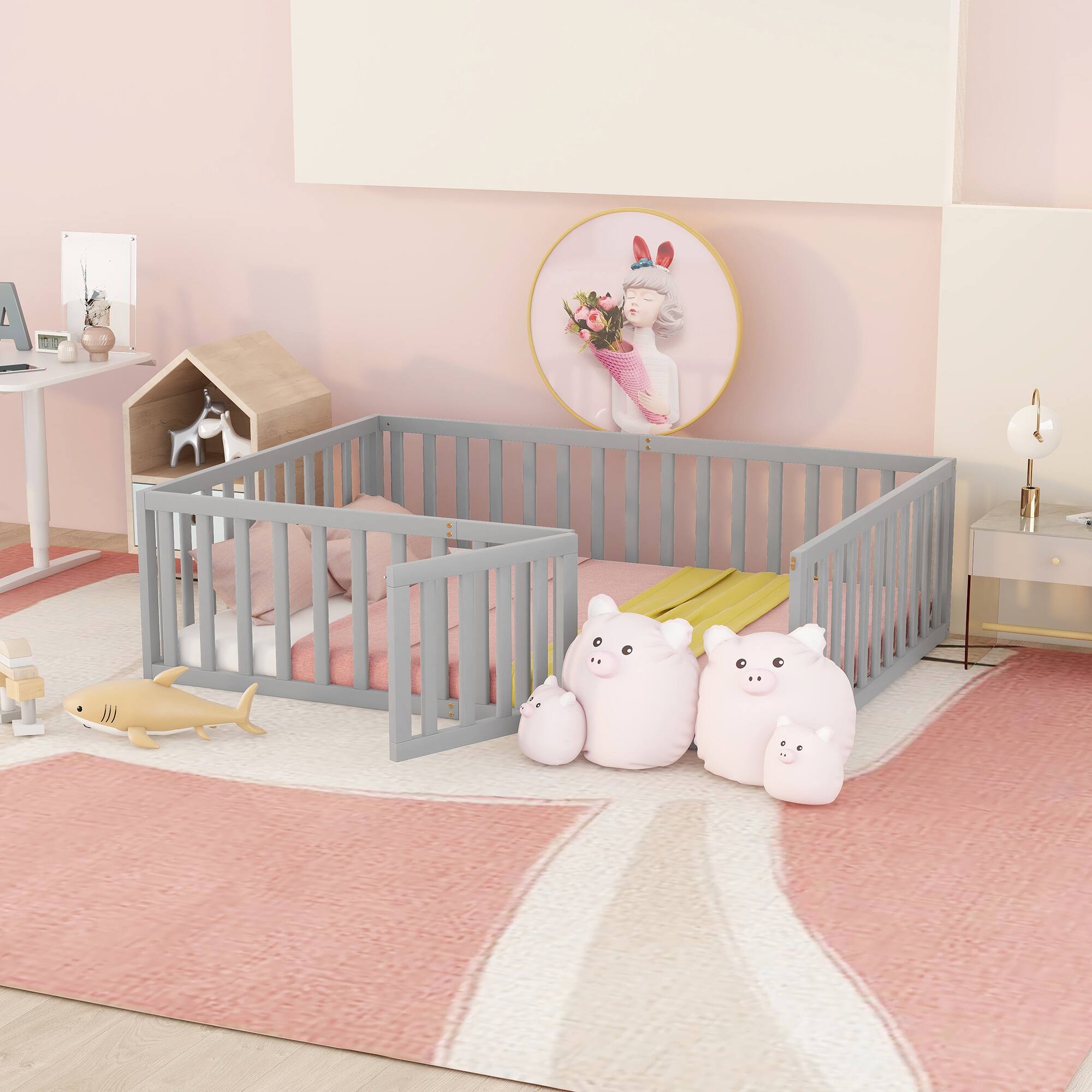 Front. Whisen - Wood Daybed Frame, Montessori Floor Bed with Fence and Door - Gray.