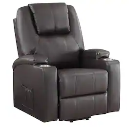 Manhattan Lane - Evans 37 Inch Recliner Chair, Power Lift, 2 Cupholders Faux Leather - Brown