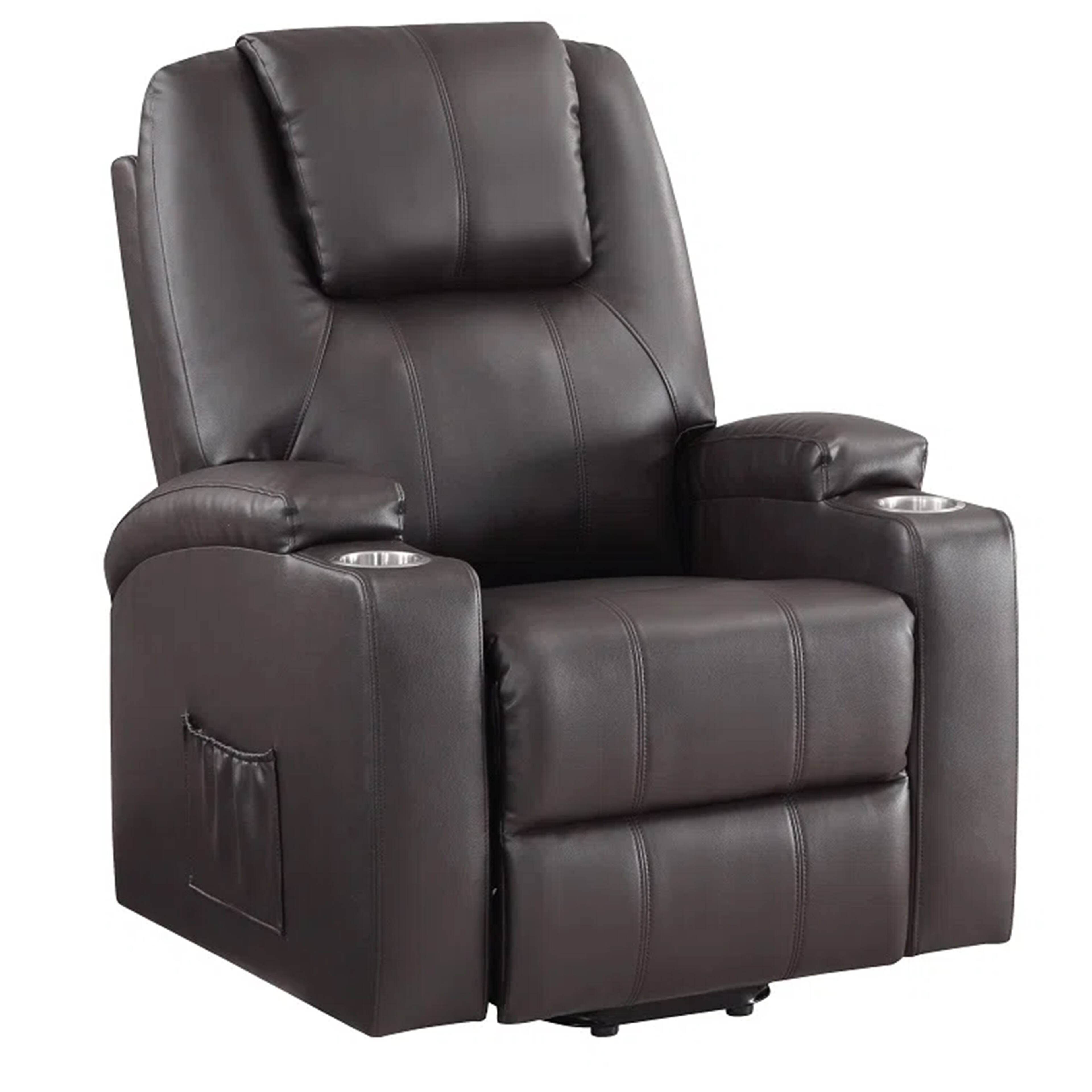 Manhattan Lane - Evans 37 Inch Recliner Chair, Power Lift, 2 Cupholders Faux Leather - Brown