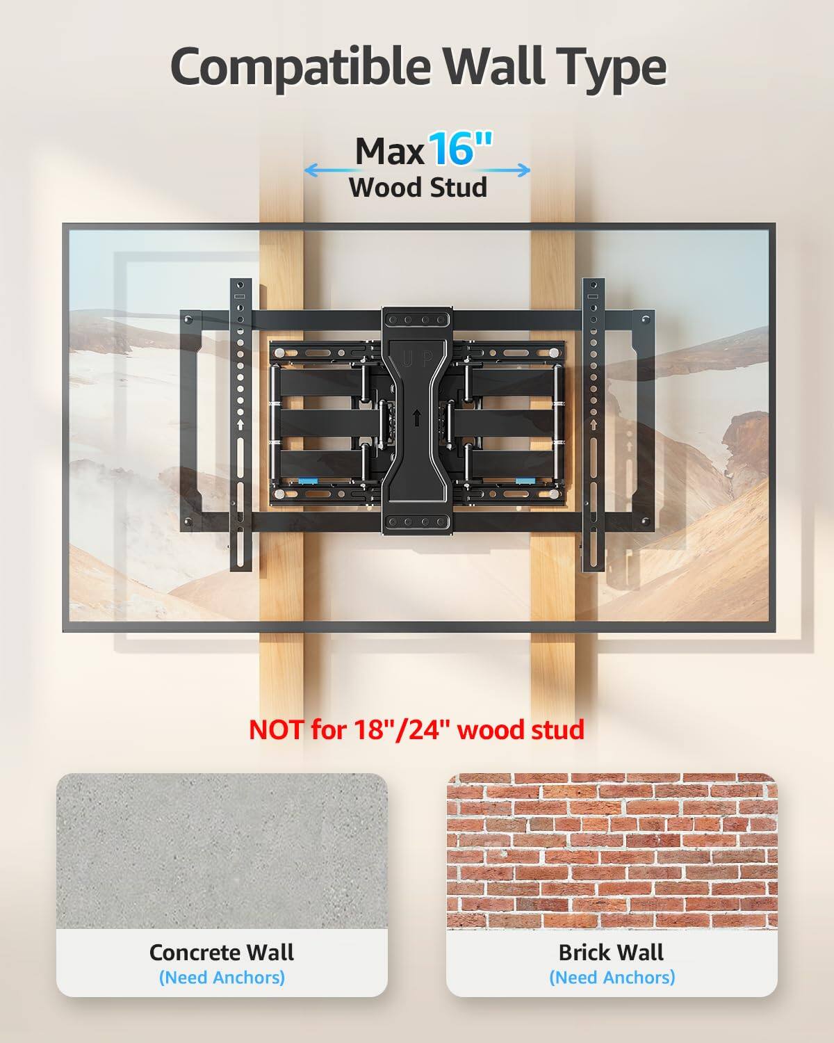 Compatible Wall Type  
Max 16" Wood Stud  
NOT for 18"/24" wood stud  
Concrete Wall (Need Anchors)  
Brick Wall (Need Anchors)