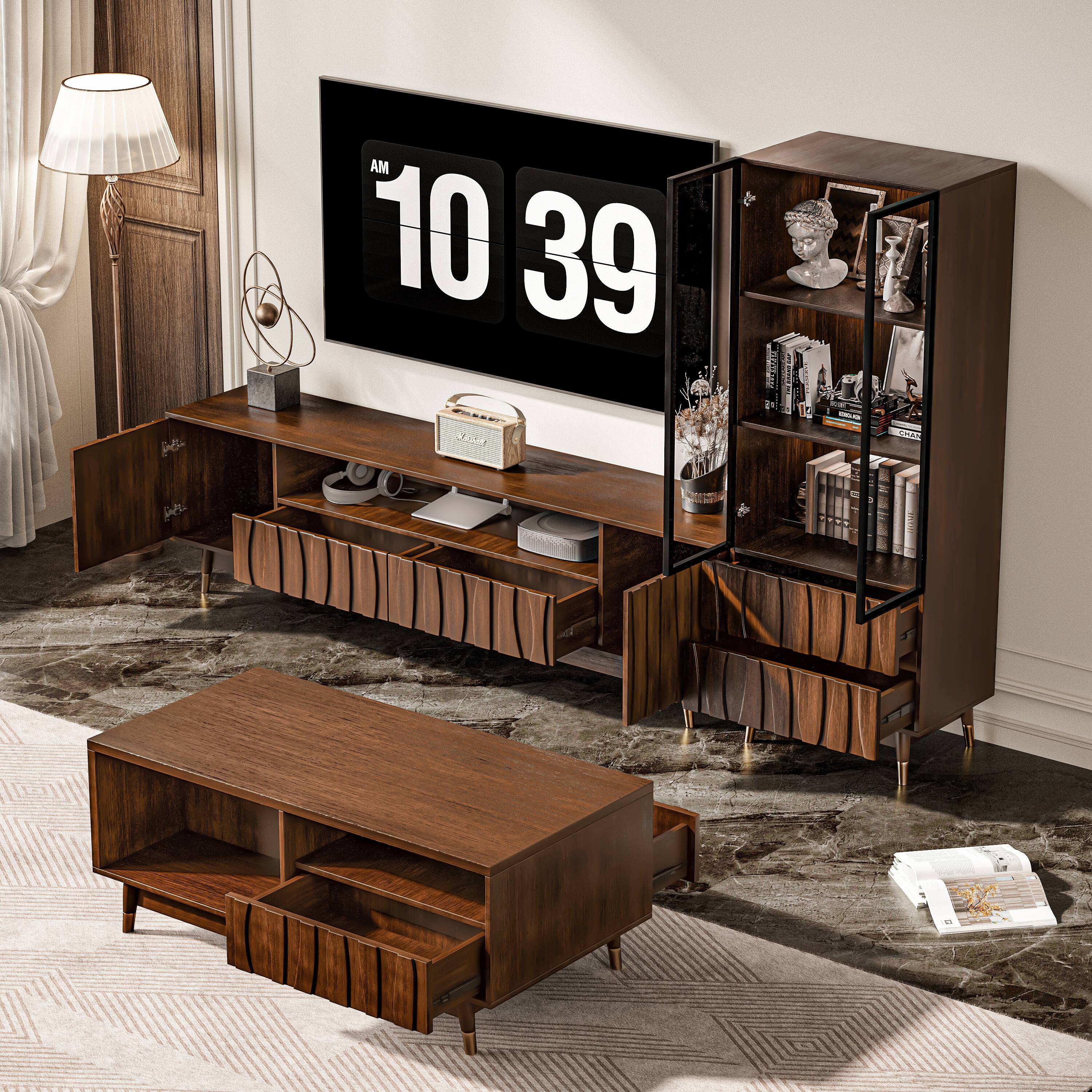 Alt View 1. MSOOB - TV Stand and Glass Display Cabinet coffee table Set, Mid-Century Modern Living Room Entertainment Center Up to 85" TV - brown.