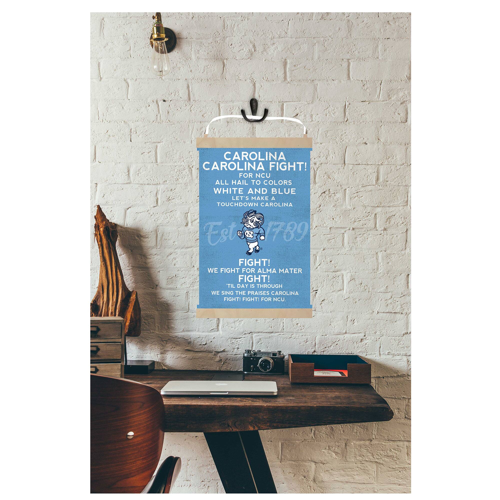 CAROLINA FIGHT!  
FOR NCU  
ALL HAIL TO COLORS WHITE AND BLUE  
LET'S MAKE A TOUCHDOWN FOR CAROLINA  
Est. 1789  

FIGHT!  
WE FIGHT FOR ALMA MATER  
FIGHT!  
TIL DAY IS THROUGH  
WE SING THE PRAISES CAROLINA  
FIGHT!  
FIGHT! FOR NCU.