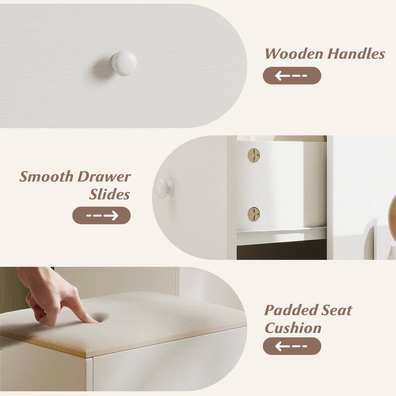Wooden Handles  
Smooth Drawer Slides  
Padded Seat Cushion