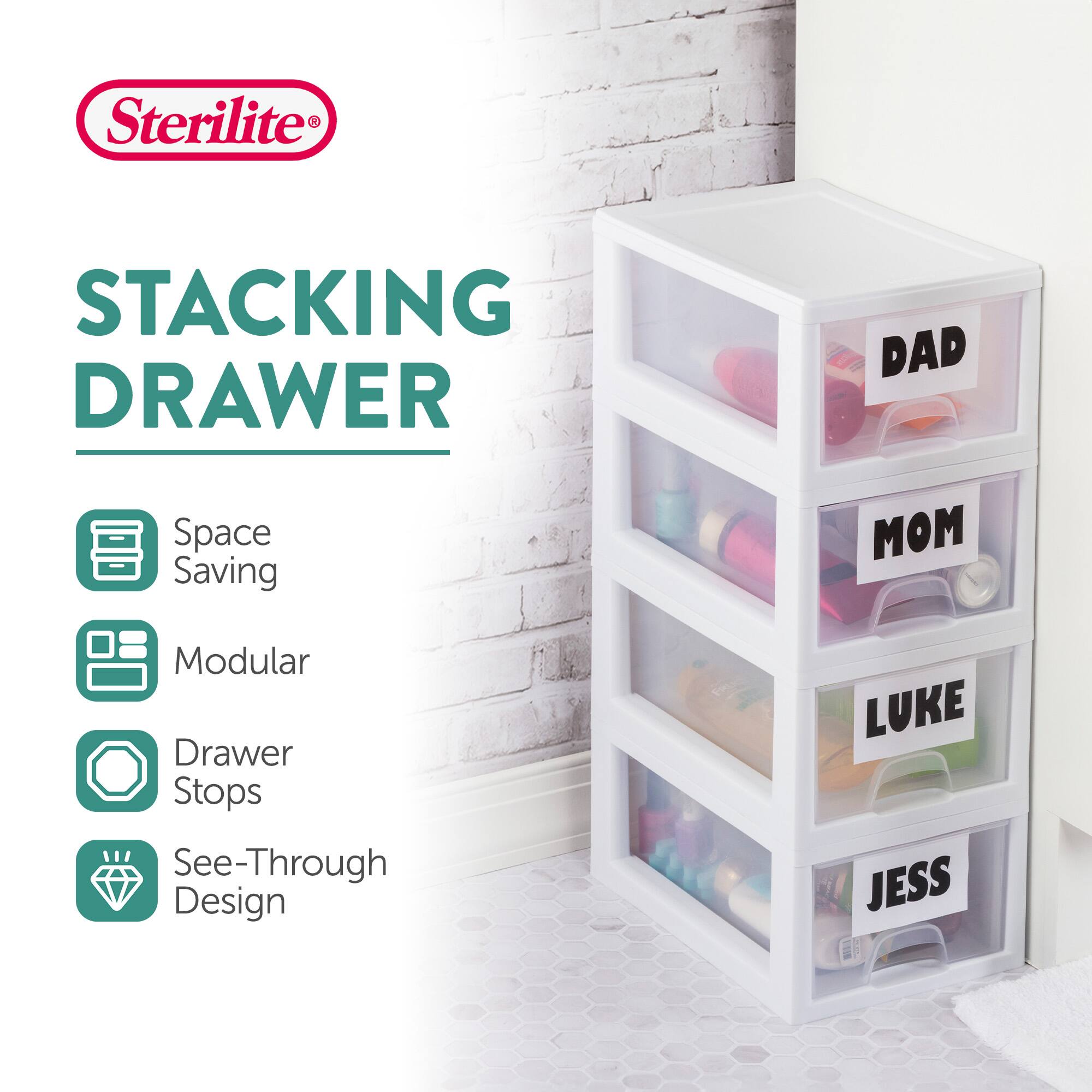 Sterilite STACKING DRAWER

- Space Saving
- Modular
- Drawer Stops
- See-Through Design

DAD  
MOM  
LUKE  
JESS
