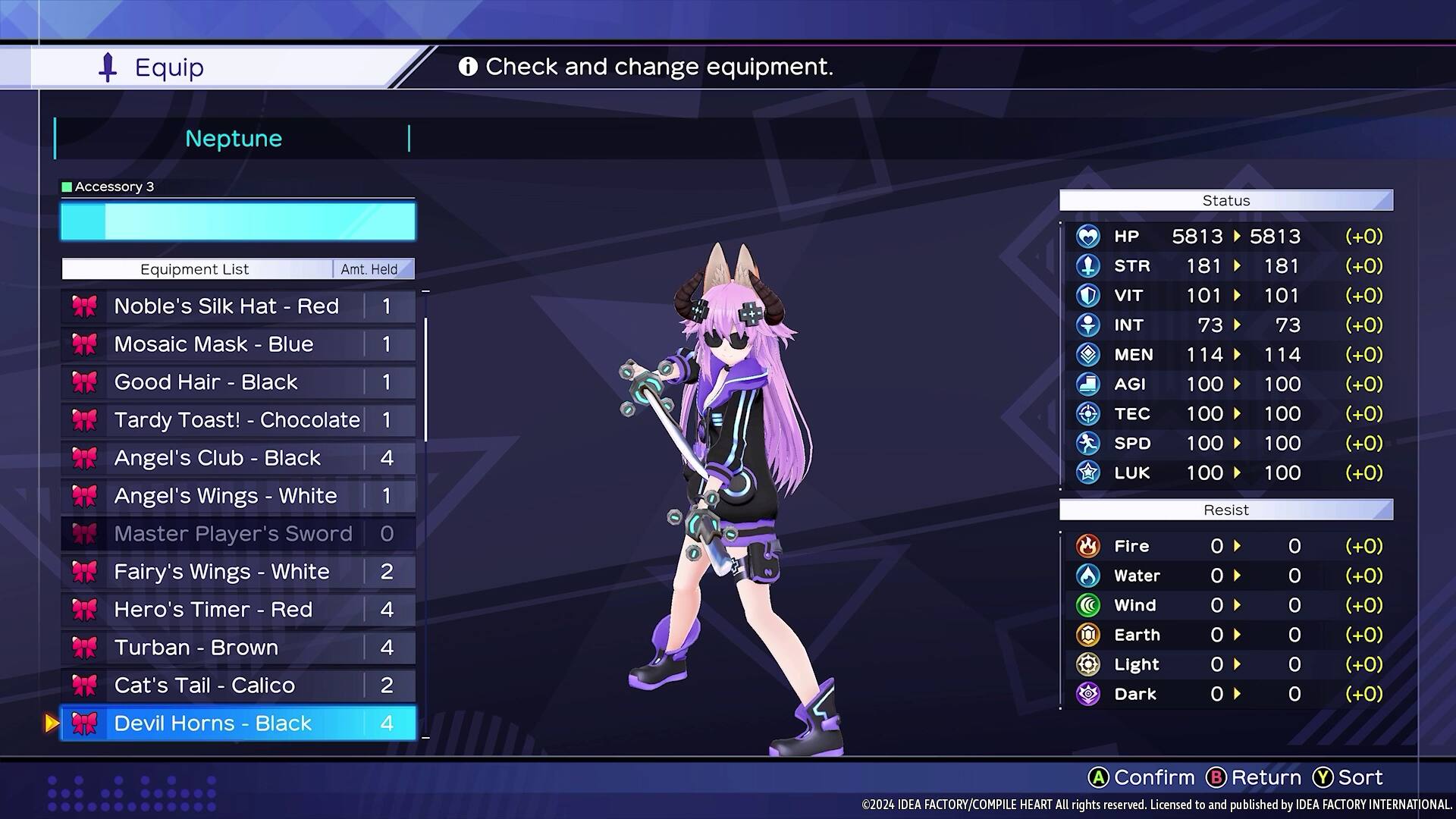 The text on the image is grouped and corrected as follows:

Equipment List:

* Noble's Silk Hat - Red (1)
* Mosaic Mask - Blue (1)
* Good Hair - Black (1)
* Tardy Toast! - Chocolate (1)
* Angel's Club - Black (4)
* Angel's Wings - White (2)
* Hero's Timer - Red (4)
* Turban - Brown (4)
* Cat's Tail - Calico (2)
* Devil Horns - Black (4)

Status:

* HP: 5813
* STR: 181
* VIT: 101
* INT: 73
* MEN: 114
* AGI: 100
* TEC: 100
* SPD: 100
* LUK: 100

Resistances:

* Fire: 0
* Water: 0
* Wind: 0
* Earth: 0
* Light: 0
* Dark: 0

Additional information:

* Confirm
* Return
* Y Sort

Copyright:

* 2024 IDEA FACTORY/COMPILE HEART
* All rights reserved.
* Licensed to and published by IDEA FACTORY INTERNATIONAL.