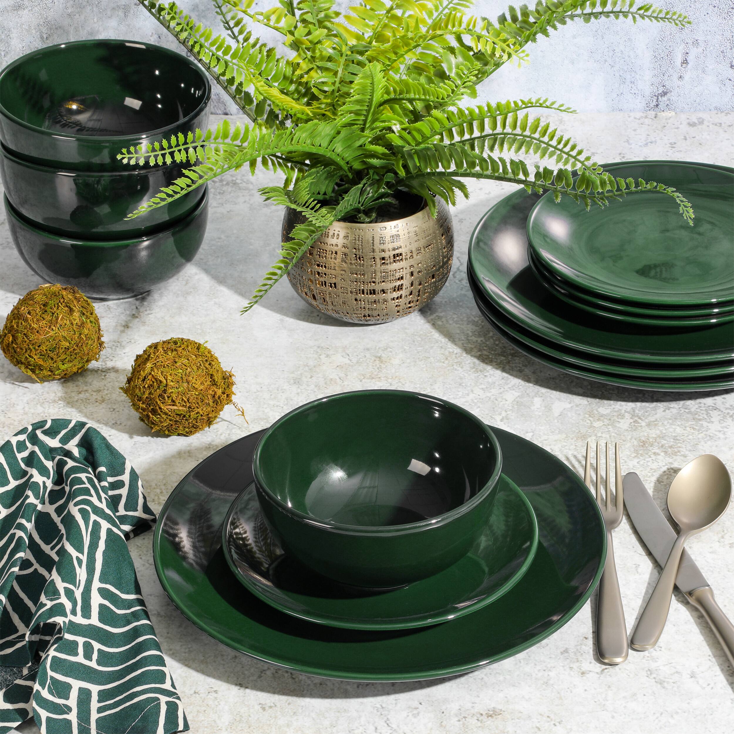 Alt View 8. Gibson - Simply Essential Coupe 12 Piece Round Stoneware Dinnerware Set in Hunter Green - Green.