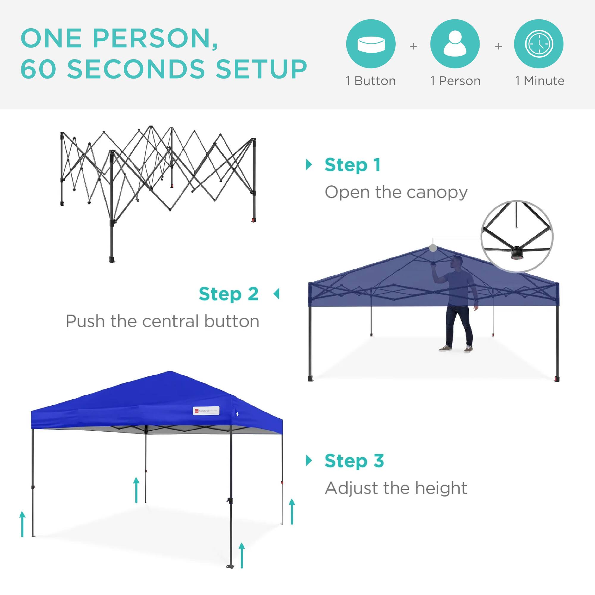 ONE PERSON, 60 SECONDS SETUP

1 Button + 1 Person + 1 Minute

Step 1
Open the canopy

Step 2
Push the central button

Step 3
Adjust the height
