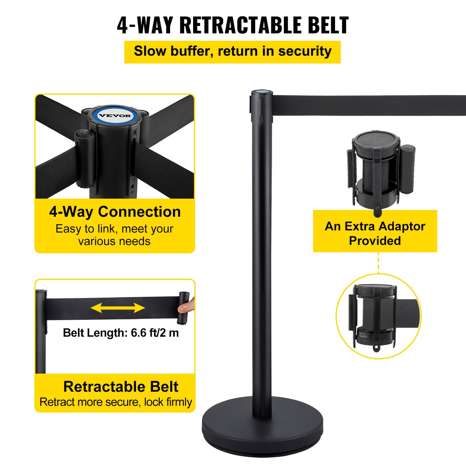 4-WAY RETRACTABLE BELT  
Slow buffer, return in security  

4-Way Connection  
Easy to link, meet your various needs  

An Extra Adaptor Provided  

Belt Length: 6.6 ft/2 m  

Retractable Belt  
Retract more secure, lock firmly