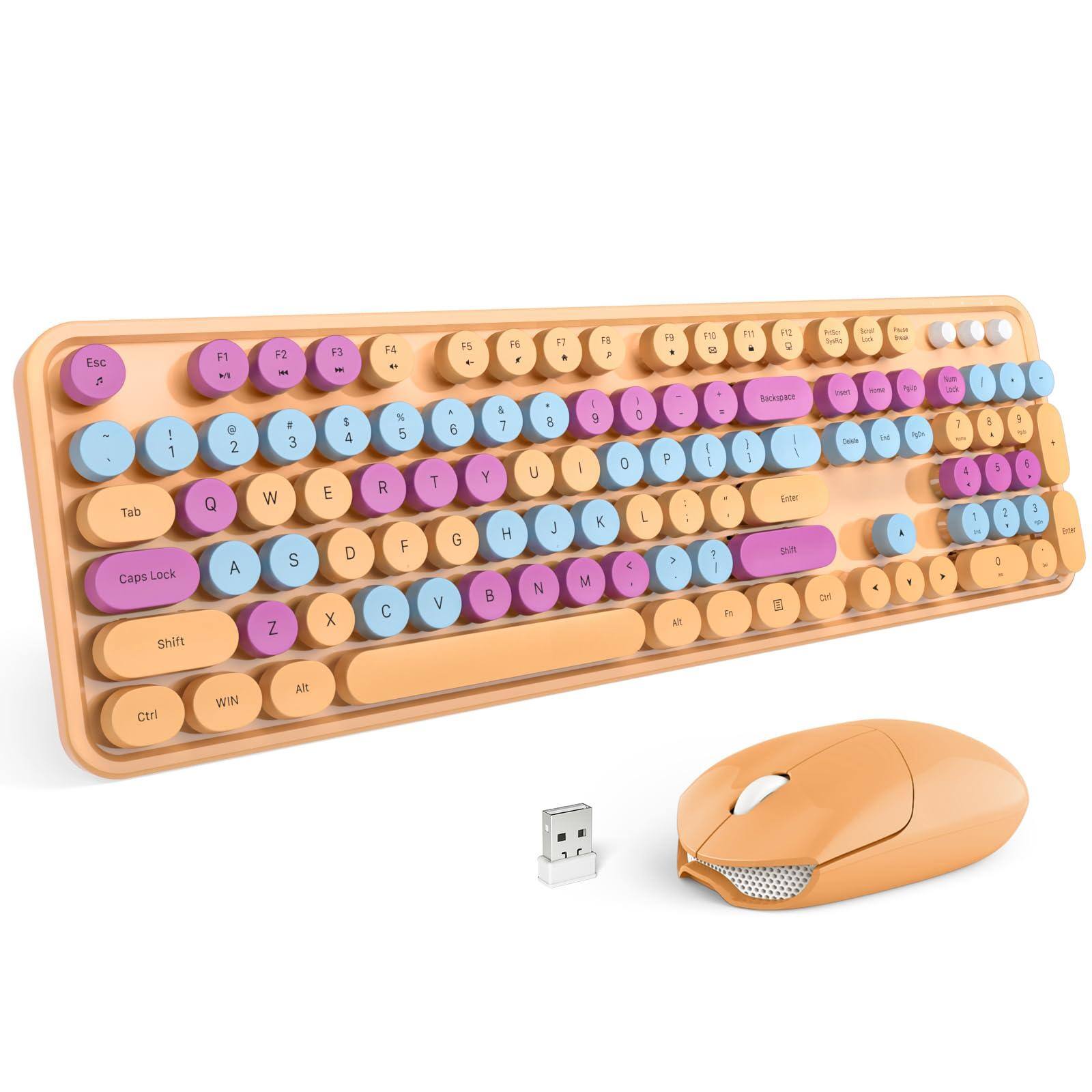 Live At Space - Wireless And Mouse Combo Retro With Round Keycaps hz Dropout-free Connection Cute Usb For Pc/laptop/windows Xp/7/8/10 - Orange Colorful