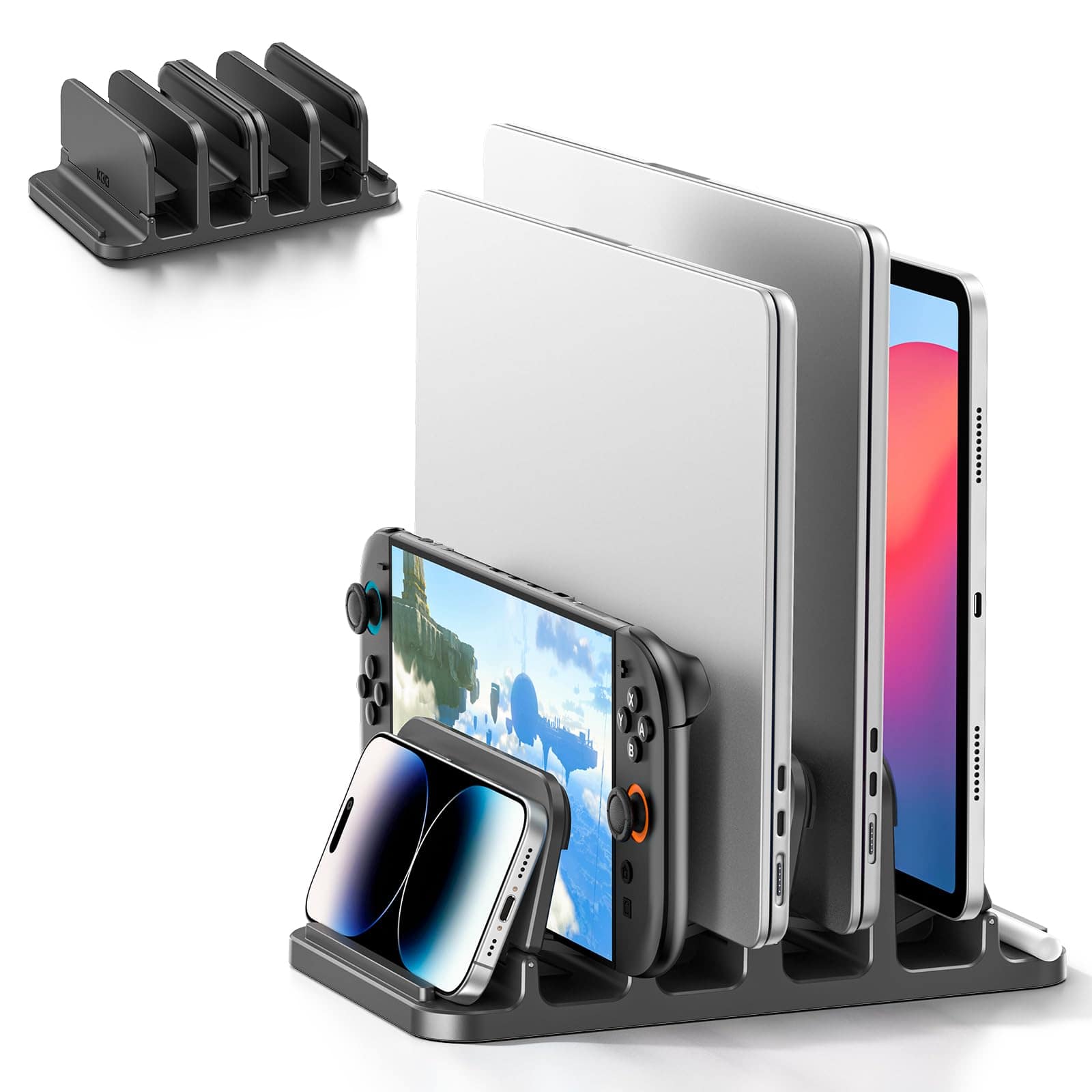 HongFei - 4-Slot Vertical Laptop Stand with Gravity Locking, 6-in-1 Holder, Space-Saving Organizer for MacBook/Surface/HP - Black / Silver