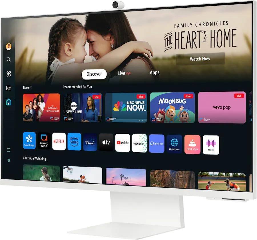 FAMILY CHRONICLES  
THE HEART'S HOME  
Watch Now

Discover  
Live  
Apps

Recent  
Recommended for You

MOVIESIMORE  
NEWSLIVE  
NBC NEWS NOW  
MOONBUG  
vevo pop

SmartThings  
Samsung TV Plus  
NETFLIX  
prime video  
Disney+  
Apple TV  
YouTube  
PROMOTION  
Internet  
Global News  
HOME VOGA  
MUSIC

Continue Watching