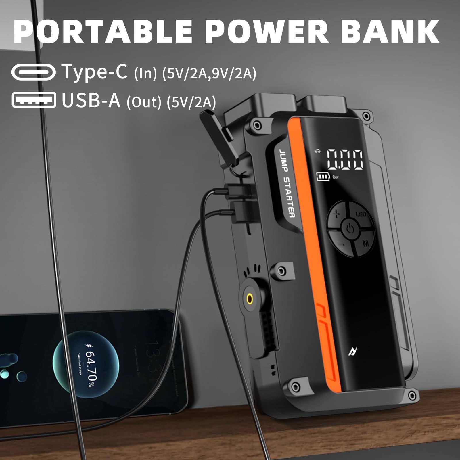 PORTABLE POWER BANK

Type-C (In) (5V/2A, 9V/2A)

USB-A (Out) (5V/2A)

JUMP STARTER

64.70%