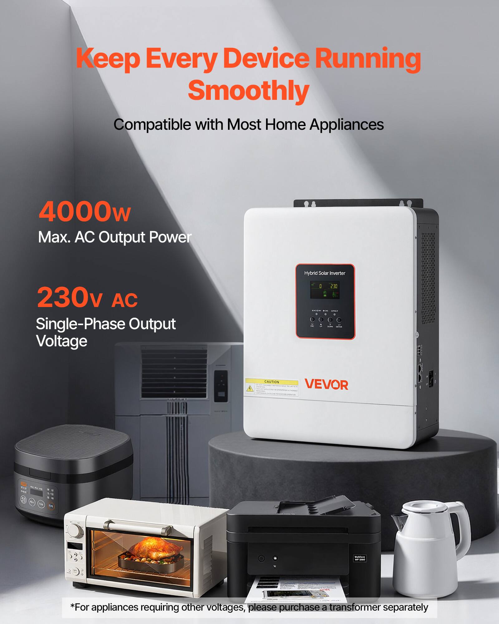 VEVOR 4000W Hybrid Solar Inverter, 24V DC to 230V AC, Pure Sine Wave ...