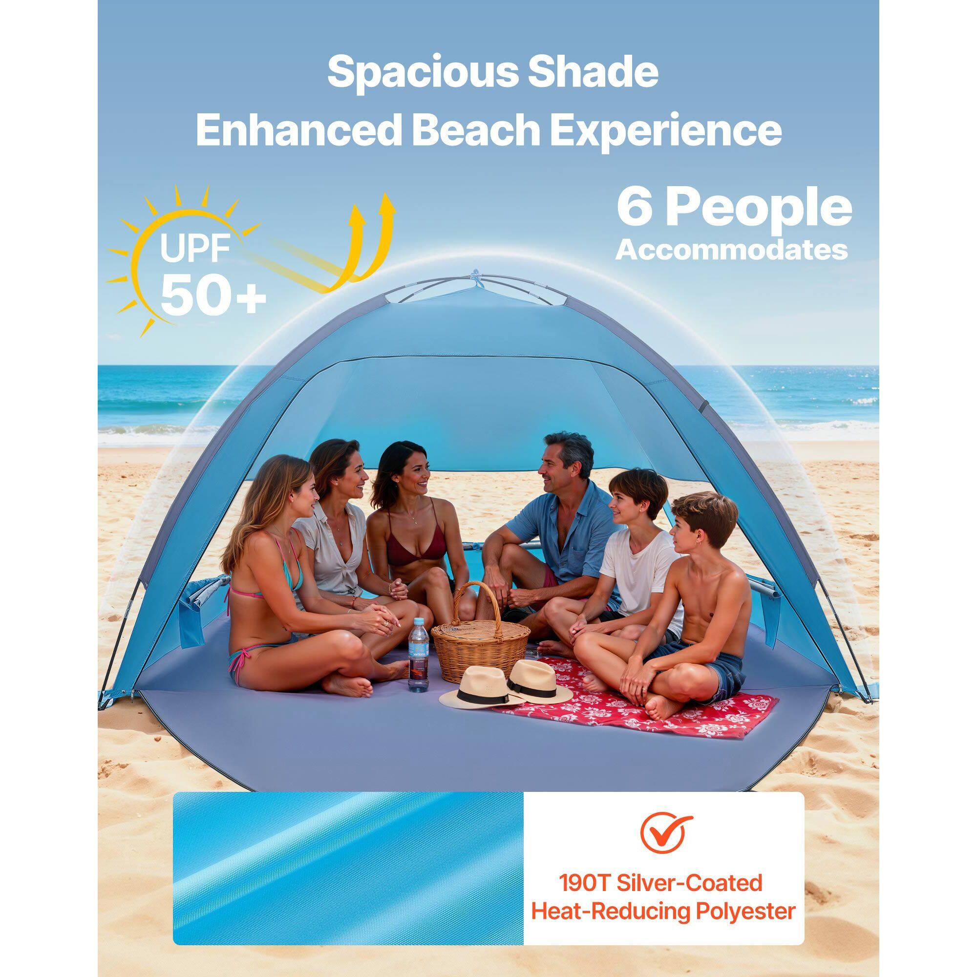 Spacious Shade Enhanced Beach Experience  
6 People Accommodates  
UPF 50+  
190T Silver-Coated Heat-Reducing Polyester