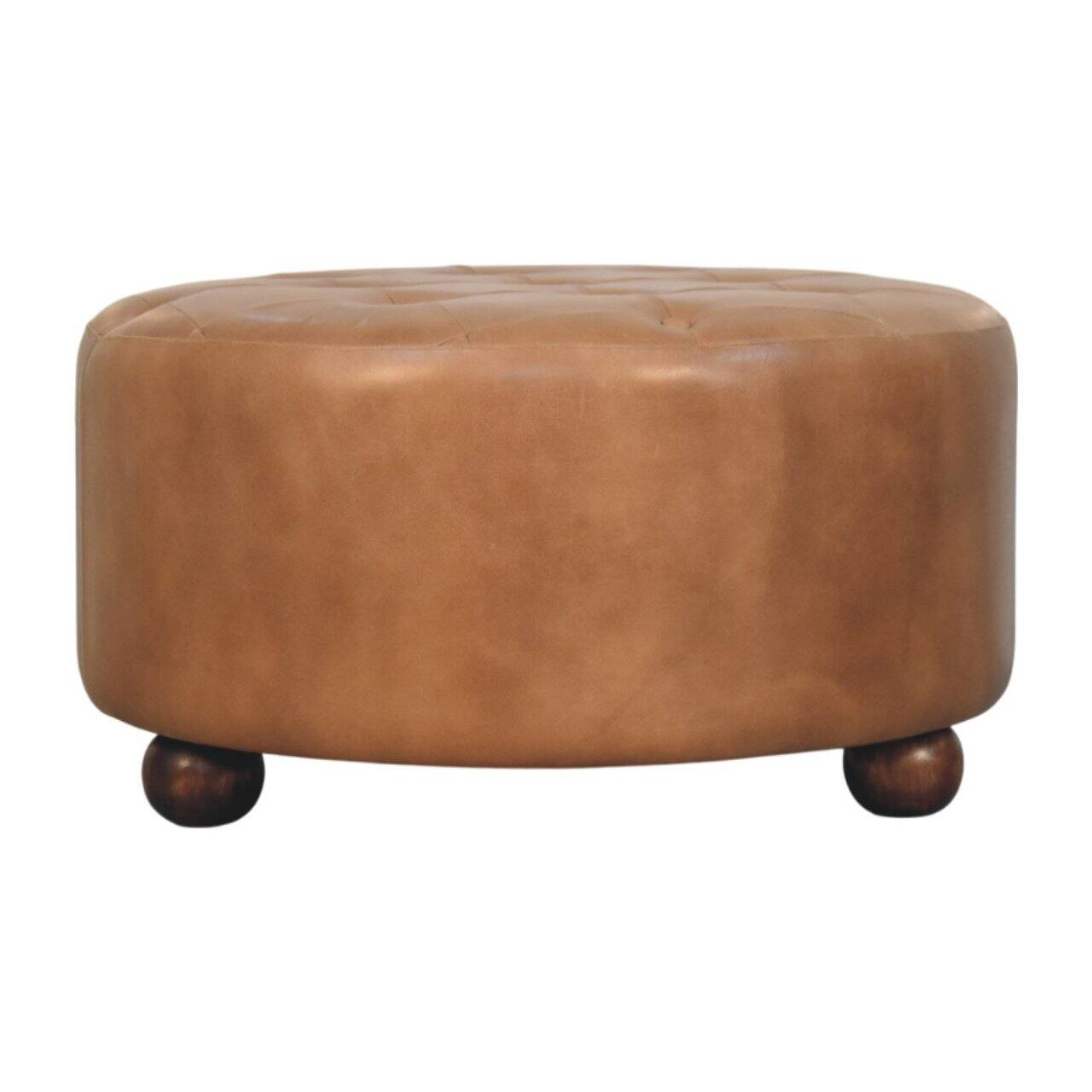Artisan Furniture - Solid Wood Buffalo hide leather Round Ottoman, Upholstered, Color - Brown