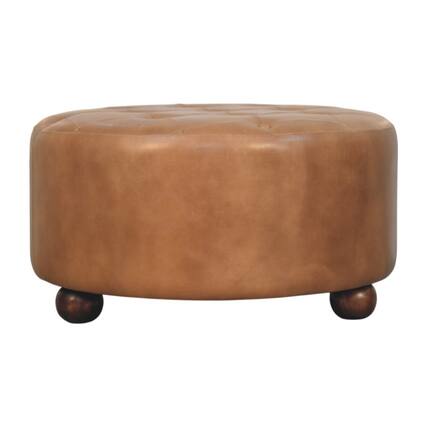 Front. Artisan Furniture - Artisan Furniture Solid Wood Brown Buffalo hide leather Round Ottoman, Upholstered, Brown Color - Brown.