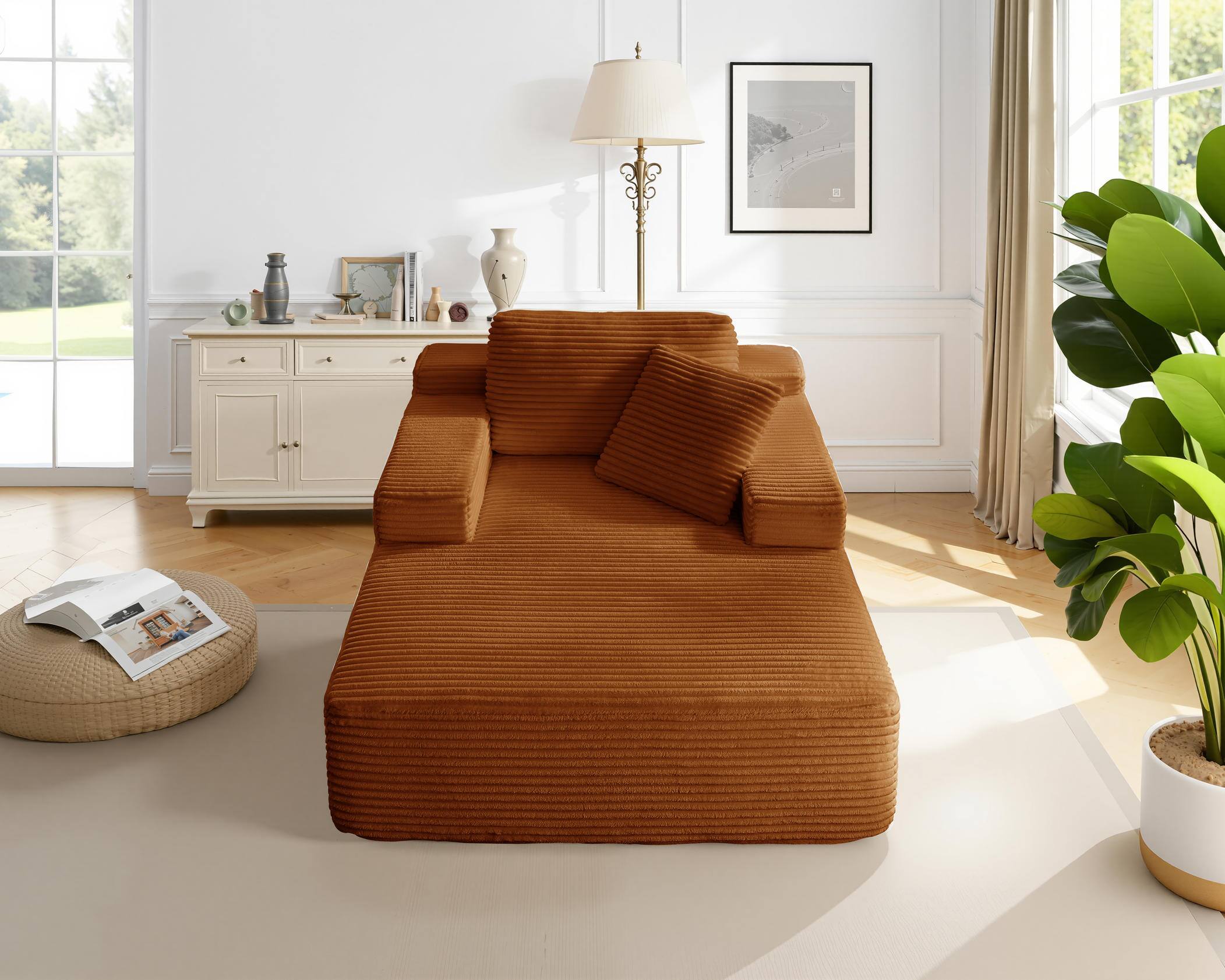 Alt View 3. Meqiodas - 67.5”Oversized Indoor Chaise Lounge, Sofa Bed, Living Room Sofa, Corduroy Upholstered Boneless Cloud Sofa, No Assembly - Brown.