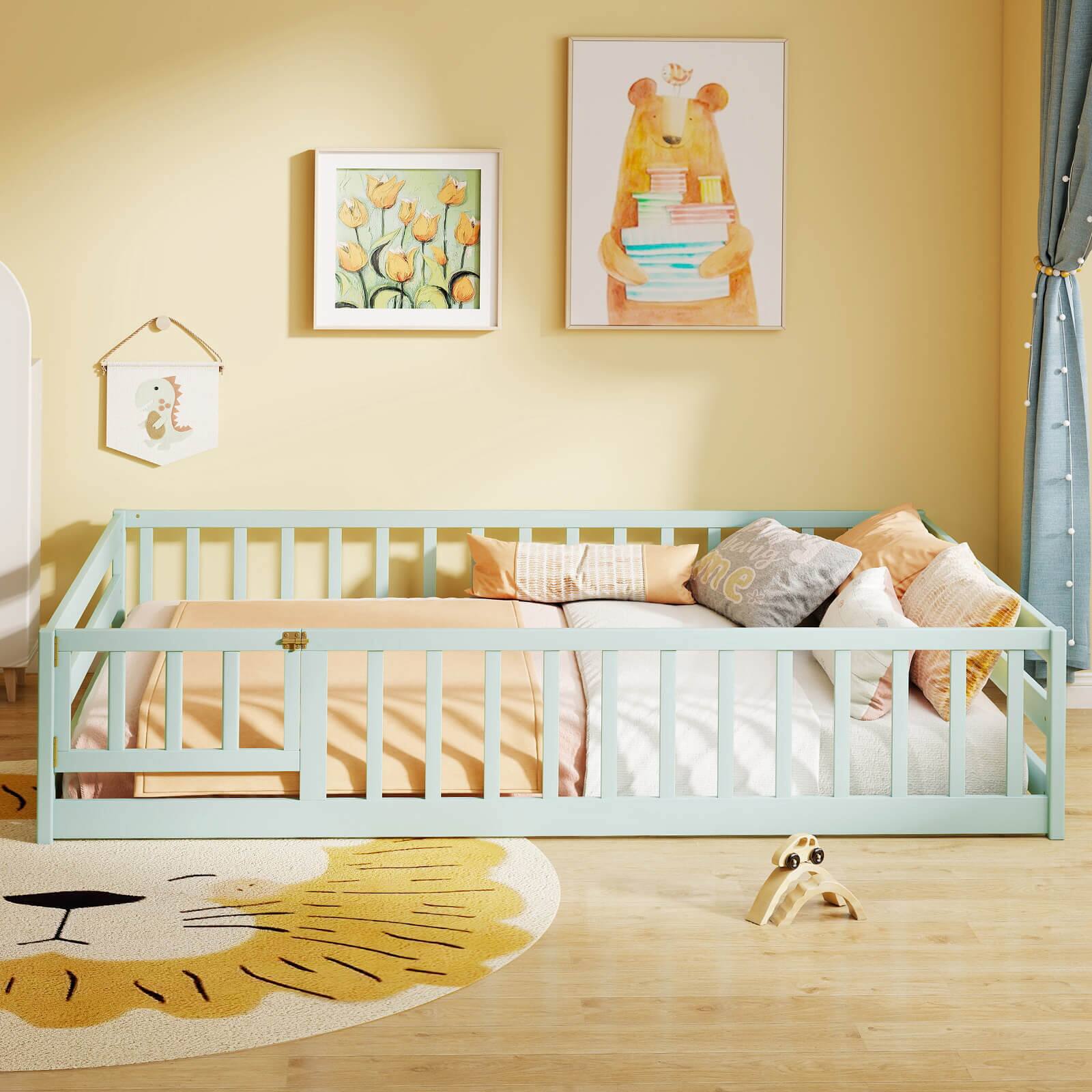 Alt View 4. Costway - Costway Full Size Floor Bed with Full Length Safety Guardrails & Door for Boys, Girls - Mint Sky.