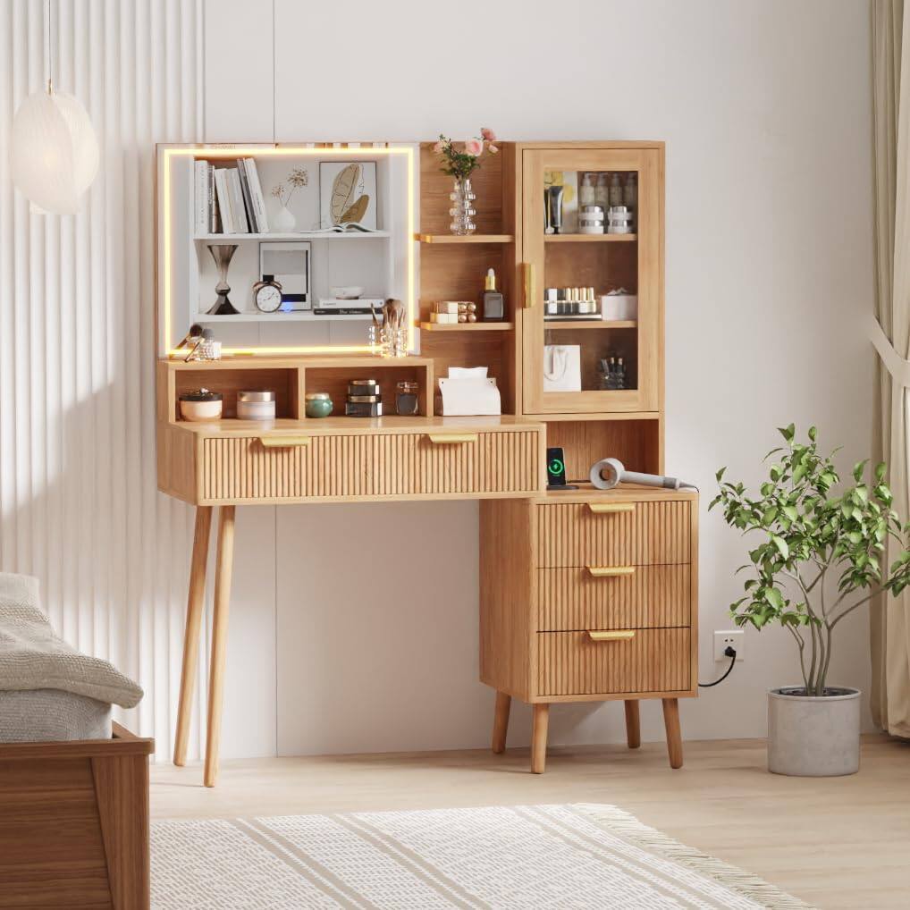 Front. Acekool - Makeup Vanity Desk with Lights & Power Outlet, Big Modern Fluted Vanity Desk with 24" Hd Lighted Mirror - Brown.