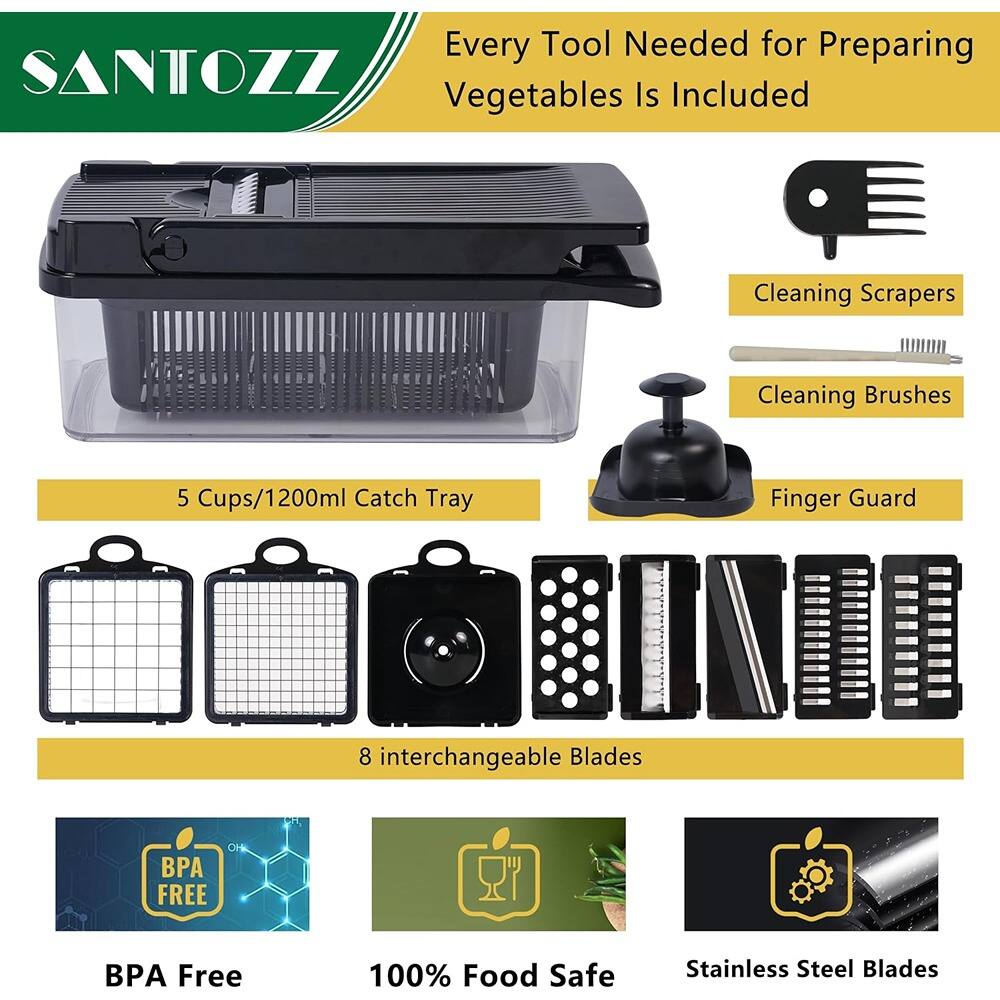 Every Tool Needed for Preparing Vegetables Is Included

- 5 Cups/1200ml Catch Tray
- Cleaning Scrapers
- Cleaning Brushes
- Finger Guard
- 8 Interchangeable Blades

BPA Free
100% Food Safe
Stainless Steel Blades