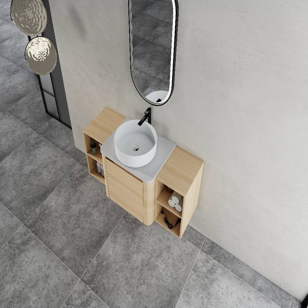 Alt View 2. Loheer - Loheer 48 inch wall mounted bathroom vanity with storage shelves, american white oak floating vanity - American White Oak.