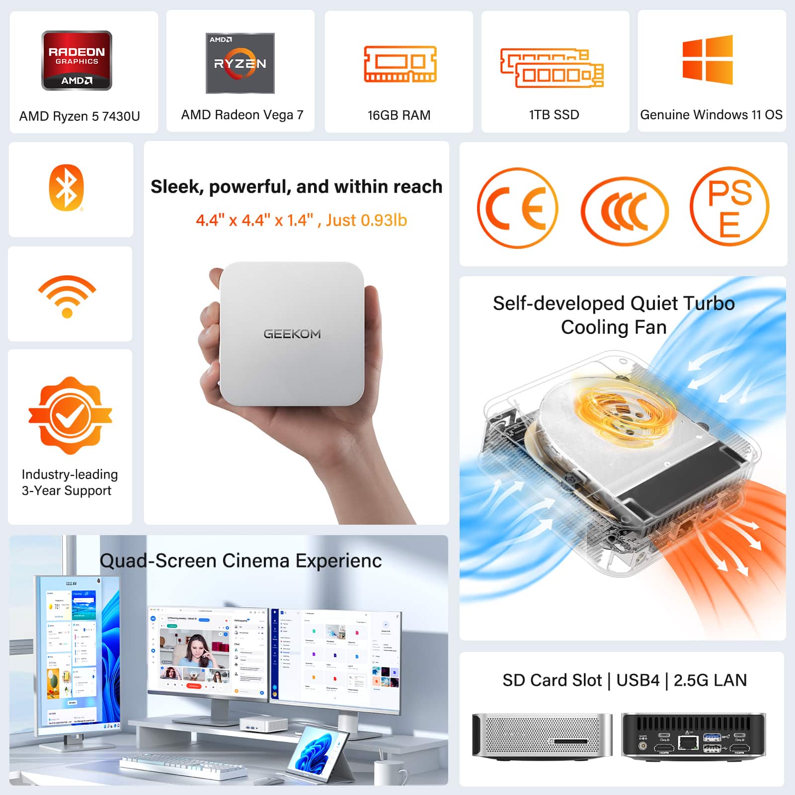 Geekom A5 Pro Mini PC, AMD Ryzen 5 7430U, 16GB DDR4 RAM& 1TB SSD