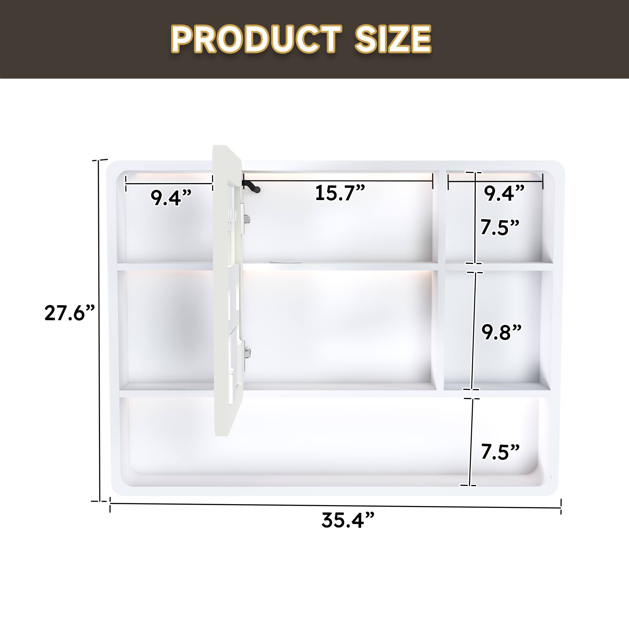 PRODUCT SIZE

- Width: 35.4"
- Height: 27.6"
- Shelf 1: 15.7" (Width) x 9.4" (Depth)
- Shelf 2: 9.4" (Width) x 7.5" (Depth)
- Shelf 3: 9.8" (Width) x 7.5" (Depth)