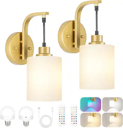 Front. Nordic Hygge - Gold Wireless Rechargeable Wall Sconce Set of Two, 15Colors Battery Operated Wall Lights, 2 Milky Glass Wall Lamps - Gold.