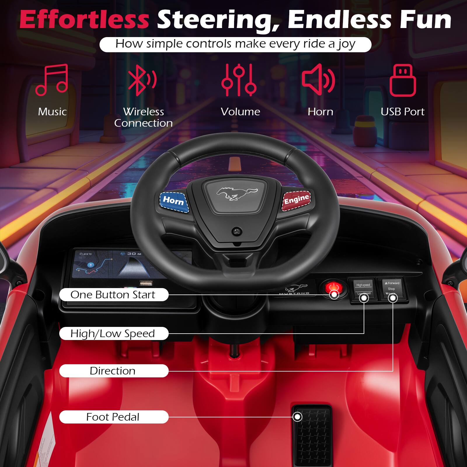 Effortless Steering, Endless Fun  
How simple controls make every ride a joy  

- Music  
- Wireless Connection  
- Volume  
- Horn  
- USB Port  

- One Button Start  
- High/Low Speed  
- Direction  
- Foot Pedal