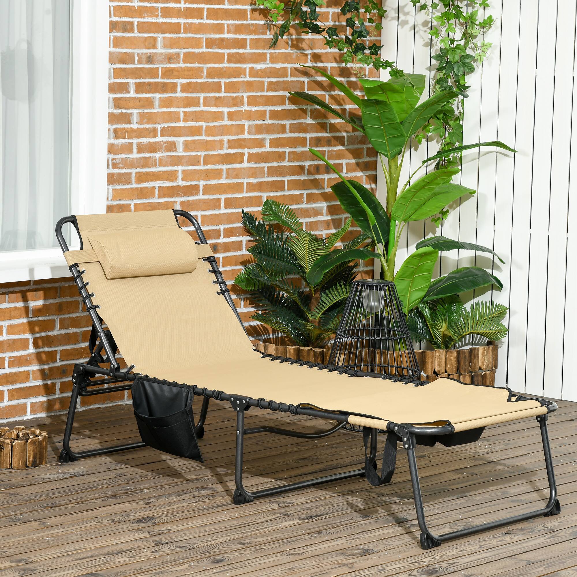 Alt View 1. Outsunny - Chaise Tanning Lounge Chair w/ 5-level Reclining Back, Reading Hole, Side Pocket - Beige.