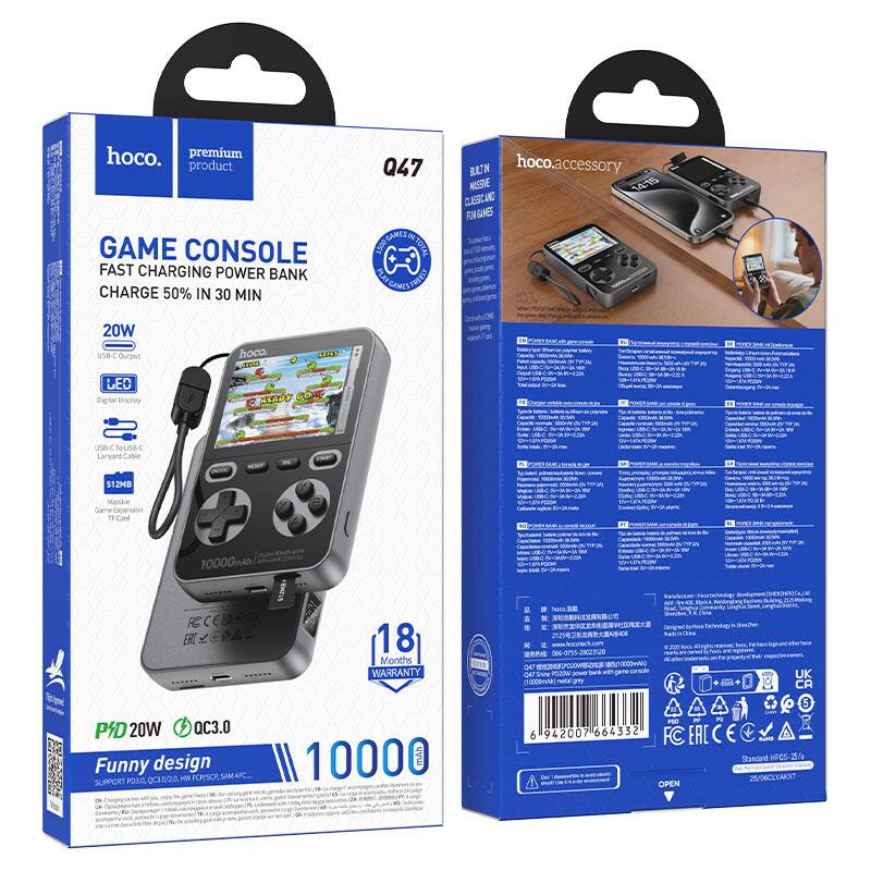 hoco. premium product GAME CONSOLE FAST CHARGING POWER BANK CHARGE 50% IN 30 MIN Q47 ISO 1000mAh 2 LATO? PLAT KUMA GeNES BATN hoco.accessory HUSIE 1415 CLA2SC FONGANES 20W USBC Output hoco. C LED Digital Display KLADY GOK C - USB to USB-C Lanso@Cable 512MB Macoke T Cove 10000mA 18 Months WARRANTY P DE DE See ml UK CA PID 20W QC3.0 Funny design A2A HIN FCPESCP SAM SUPPORT PORG QC3 10000 6 942007 664332 - OPEN Standard HPCS-25 X

BLITN MASSIVE CLASSIC AND FUN GAMES
20W USB-C Output
LED Digital Display
USB C to USB-C Lanso@Cable
512MB Massive Game Expansion TF Card
10000mAh
18 Months WARRANTY
P@D 20W QC3.0
Funny design
