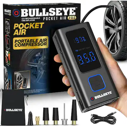 BULLSEYE POCKET AIR PRO 12V RECHARGEABLE POCKET AIR INFLATOR PORTABLE COMPRESSOR AIR 978 Kg/cm² PSI BAR 35.0