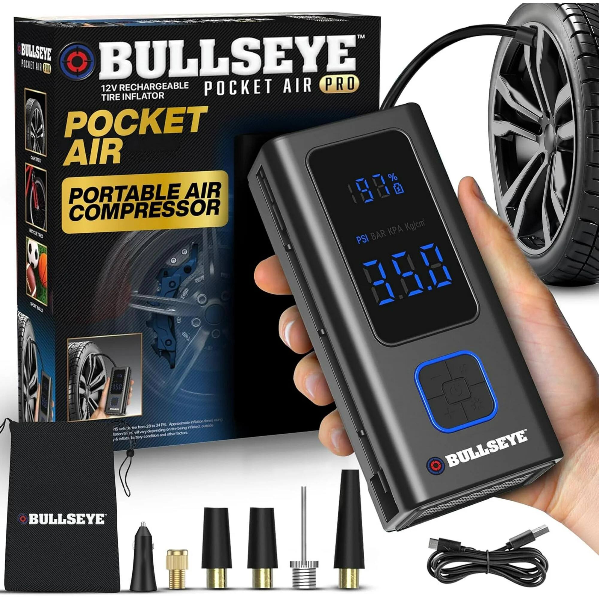 BULLSEYE POCKET AIR PRO 12V RECHARGEABLE POCKET AIR INFLATOR PORTABLE COMPRESSOR AIR 978 Kg/cm² PSI BAR 35.0