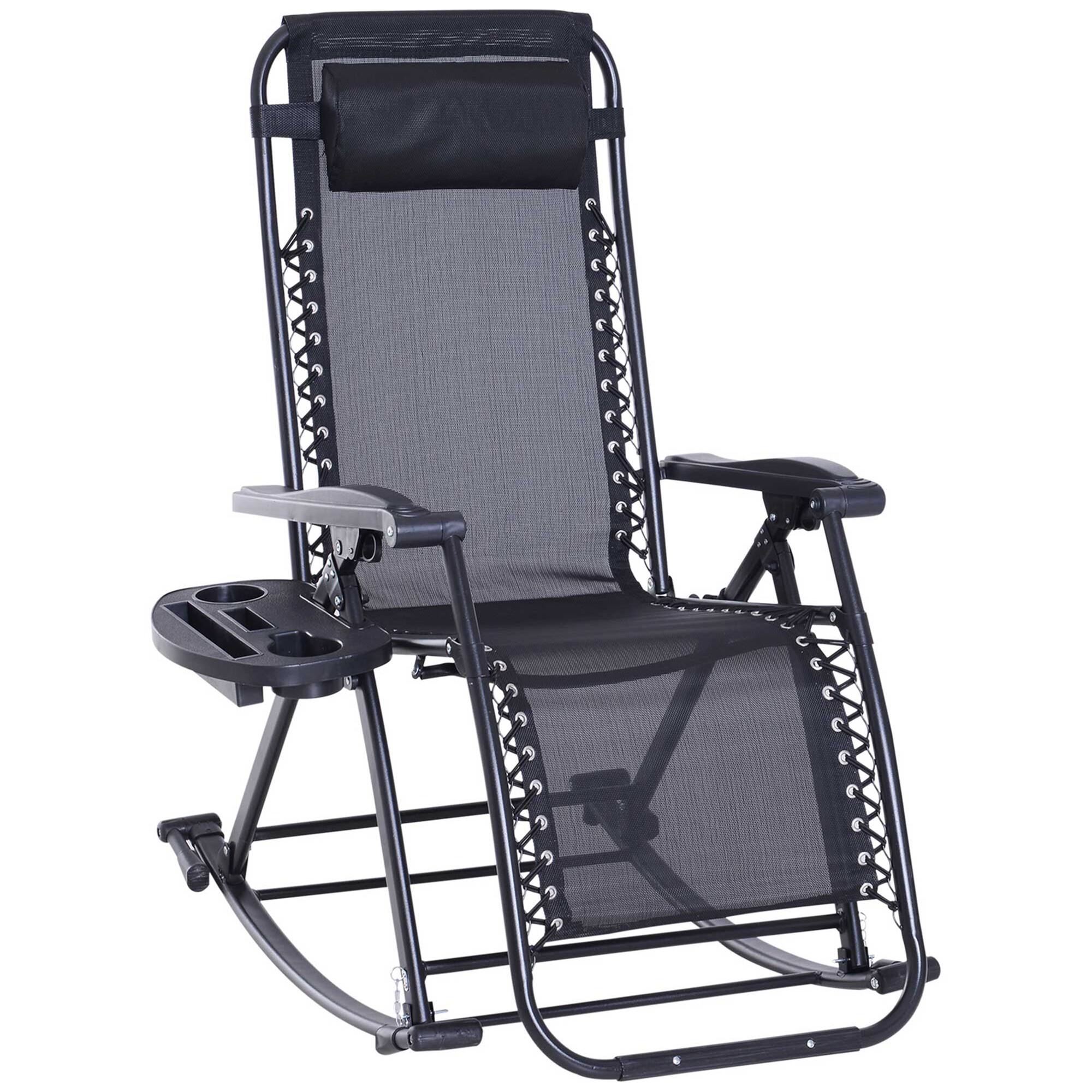 Outsunny - Outdoor Rocking Chairs, Foldable Reclining Zero Gravity Lounge Rocker with Pillow, Cup & Phone Holder - Black