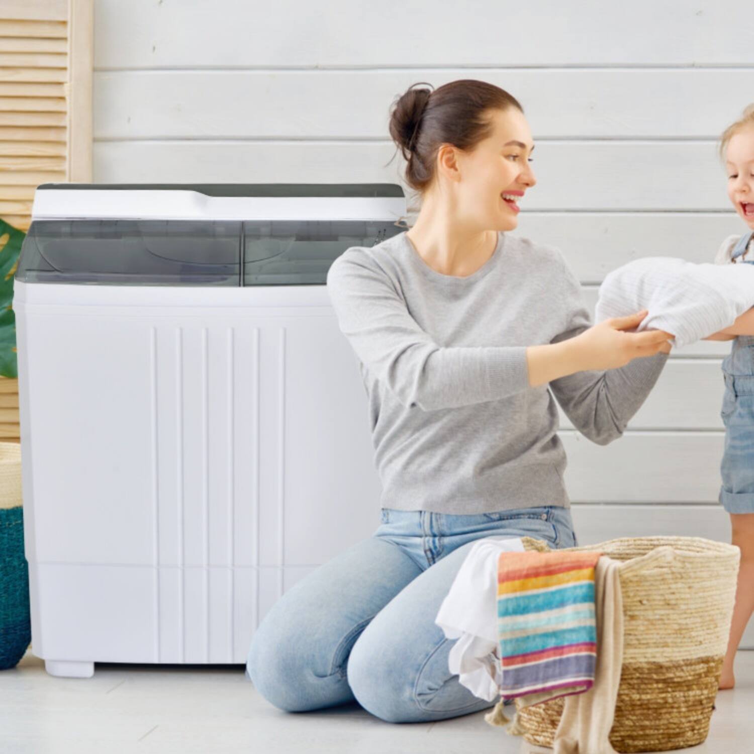 Front. LUCKY ONE - 14.4 lbs Freestanding Twin Tub Portable Washer with Timer & Drain Pump - Gray, White.