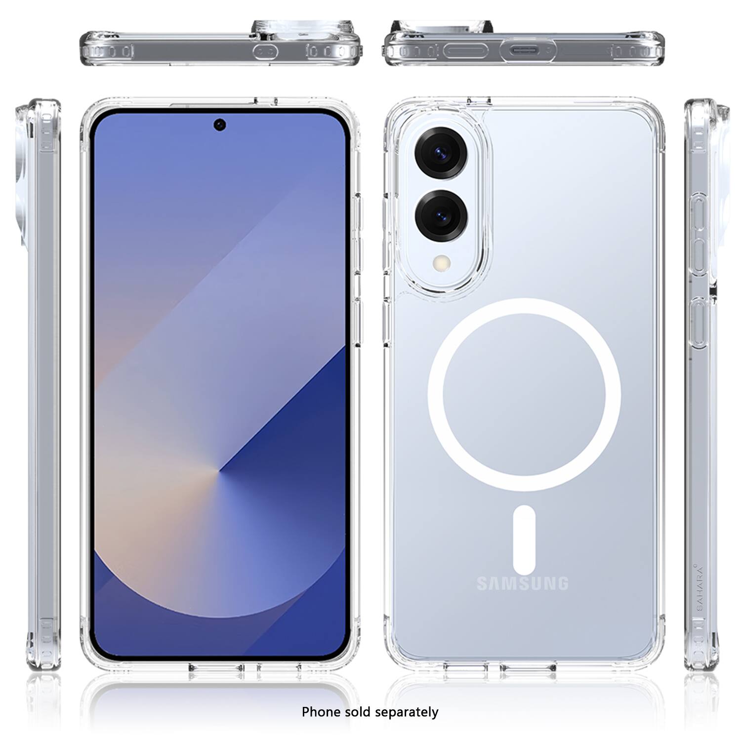 The image shows a Samsung phone with a blue screen and a white case. The phone is sold separately, and the case is made of clear plastic. The case is designed to protect the phone from scratches and minor impacts. The phone and case together create a stylish and functional combination for the user.