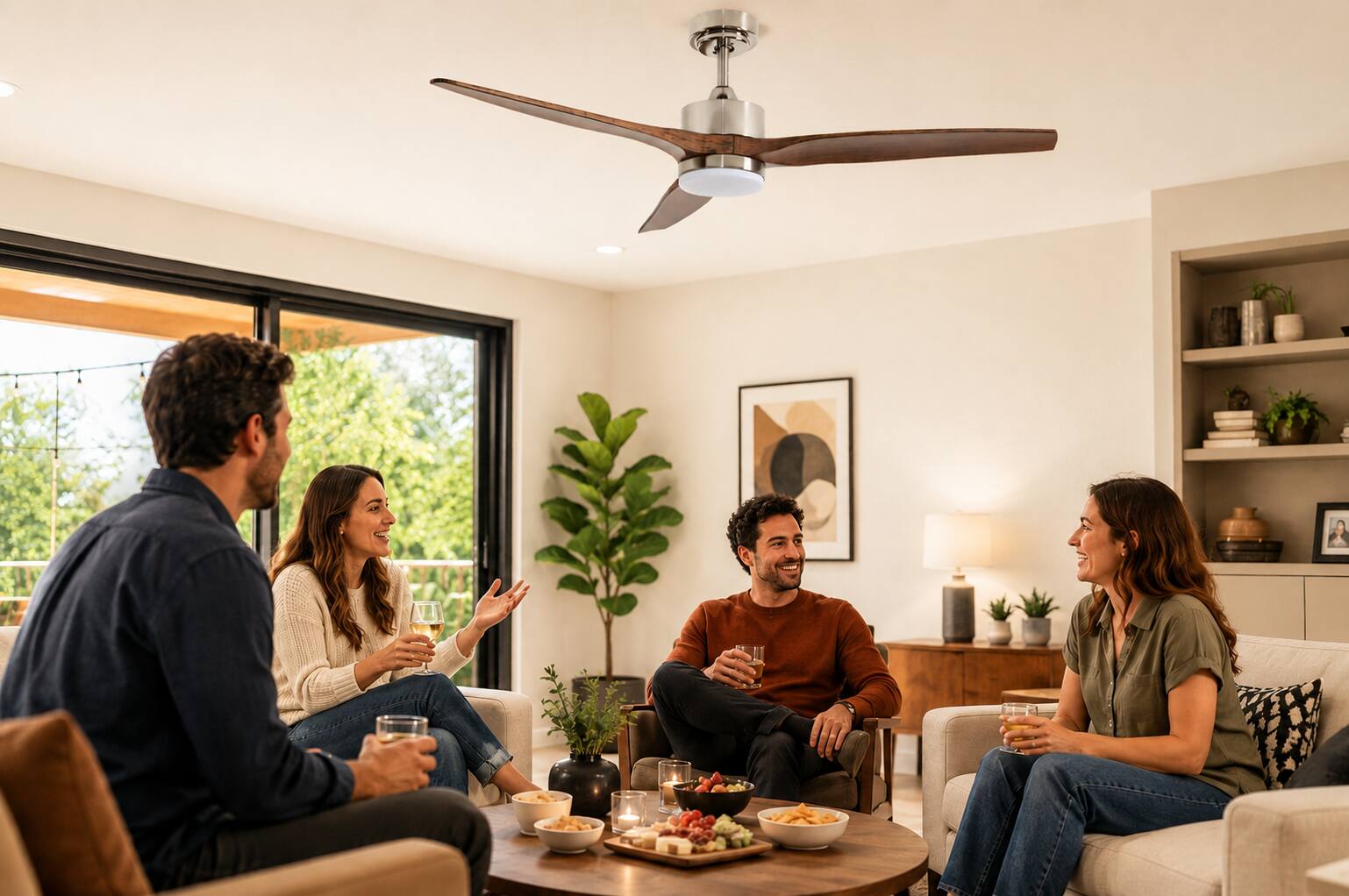 Left. ENLIGHT - 52" Smart DC Ceiling Fan, CCT & Dimmable Light, Efficient + Quiet DC Motor, Reverse Mode, Matter, 3-Blade, Indoor Rated - Mahogany Woodgrain.