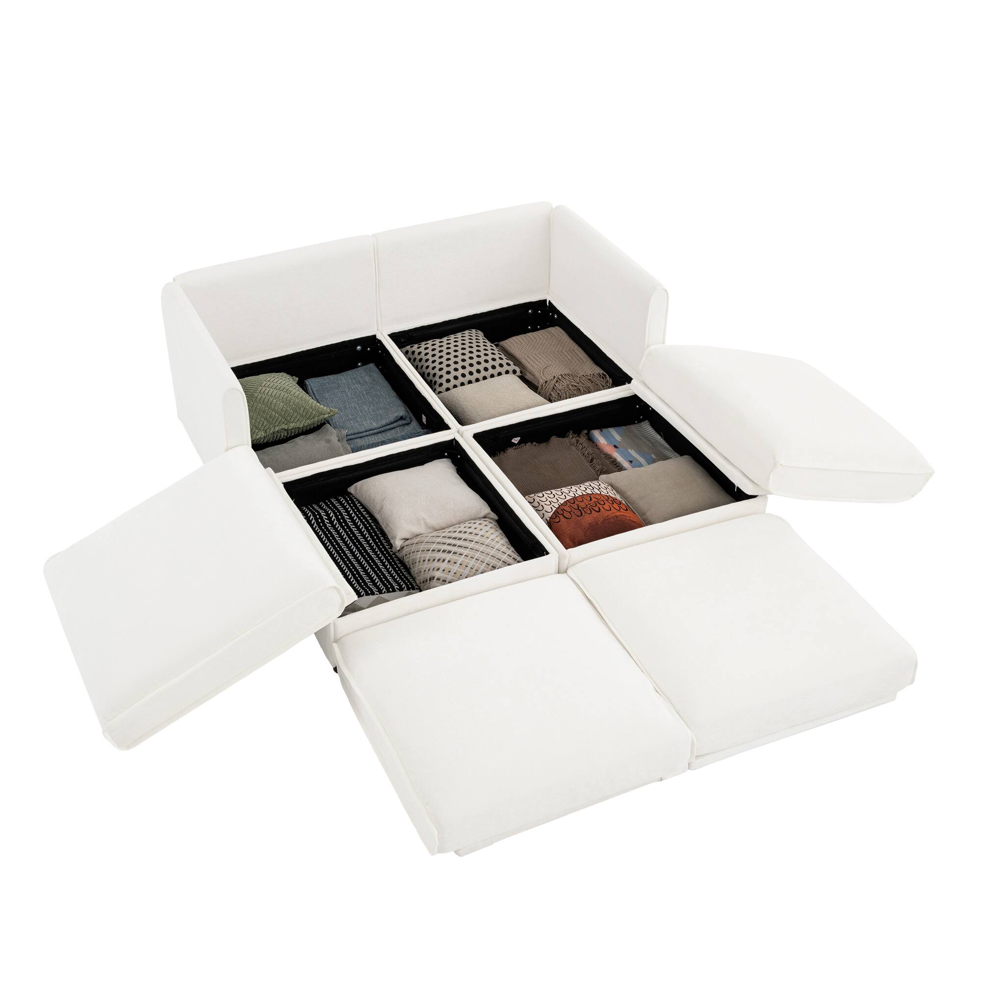 Left. Anysun - Chenille 2-Seater Loveseat with 2 Ottoman Storage - Cylindrical Backrest & Armrests, Modern Hidden Storage Design - White.