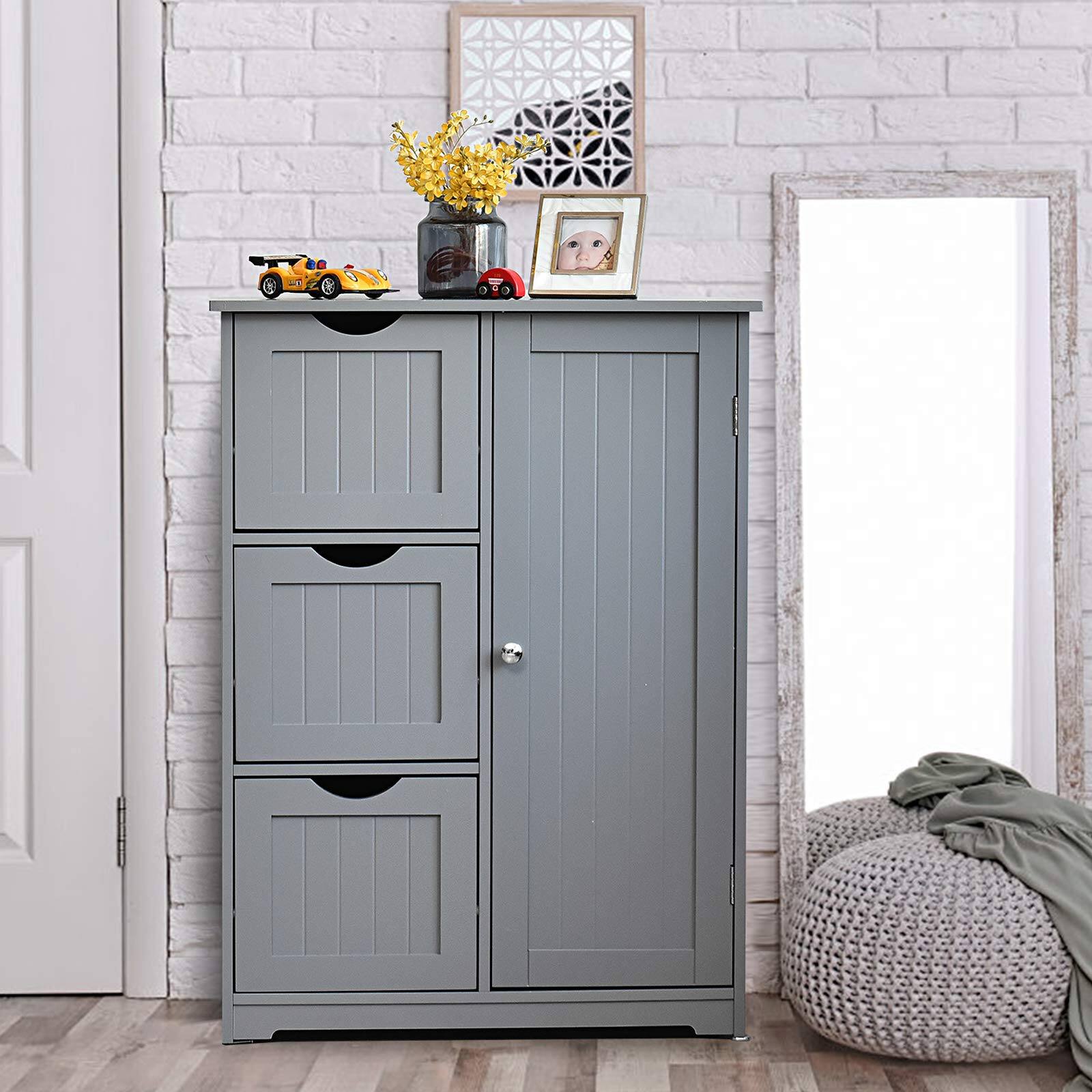 Alt View 8. Ecooso - Bathroom Floor Storage Cabinet with 3 Drawers and 1 Cupboard Organizer - Gray.