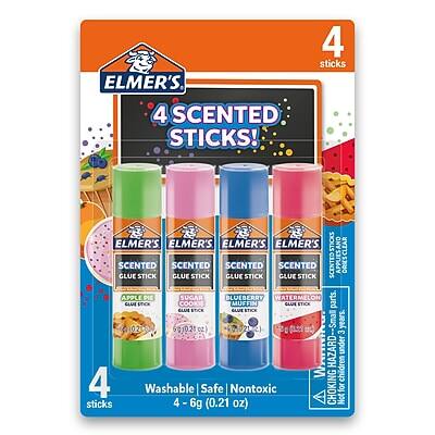 ELMER'S  
4 SCENTED STICKS!  

ELMER'S SCENTED GLUE STICK  
APPLE PIE  
SUGAR COOKIE  
BLUEBERRY  
WATERMELON  

Washable / Safe / Nontoxic  
4 - 6g (0.21 oz)  

CHOKING HAZARD - Small parts. Not for children under 4 years.  

4 sticks
