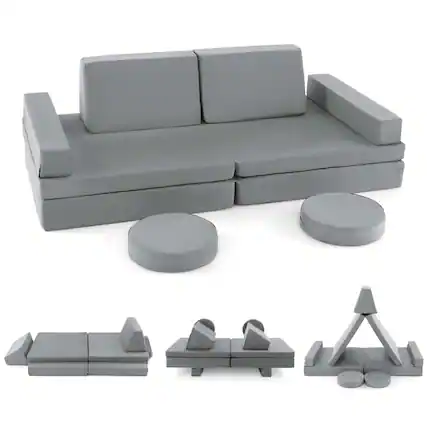 Front. Costway - Costway 10 PCS Kids Play Sofa Set Modular Convertible Foam Folding Couch Toddler Playset - Grey.